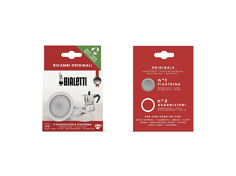Bialetti Ricambi, 3/4 TAZZE, Include 3 Guarnizioni e 1 Piastrina, Compatibili con Moka Express, Fiammetta, Break, Happy, Dama, Melody, Alpina, Timer Rainbow
