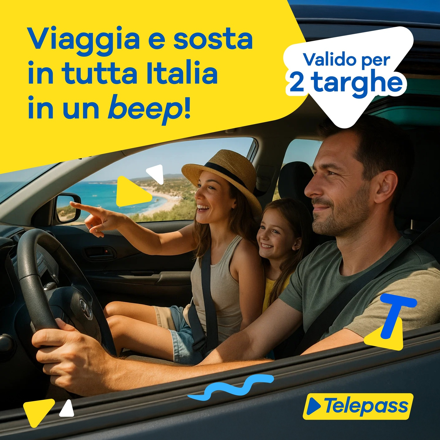Una famiglia in auto indica una vista costiera. Il testo recita: "Viaggia e fermati in tutta Italia con un beep!" e "Valido per 2 targhe".