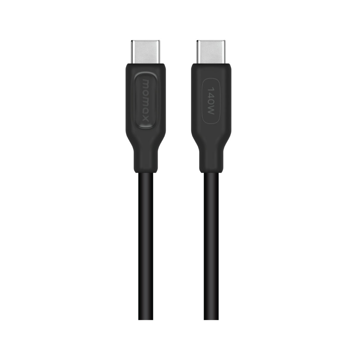 Siyah arka plan üzerinde iki siyah USB-C kablosu. Bir kabloda momax kelimesi, diğerinde 140W yazıyor.