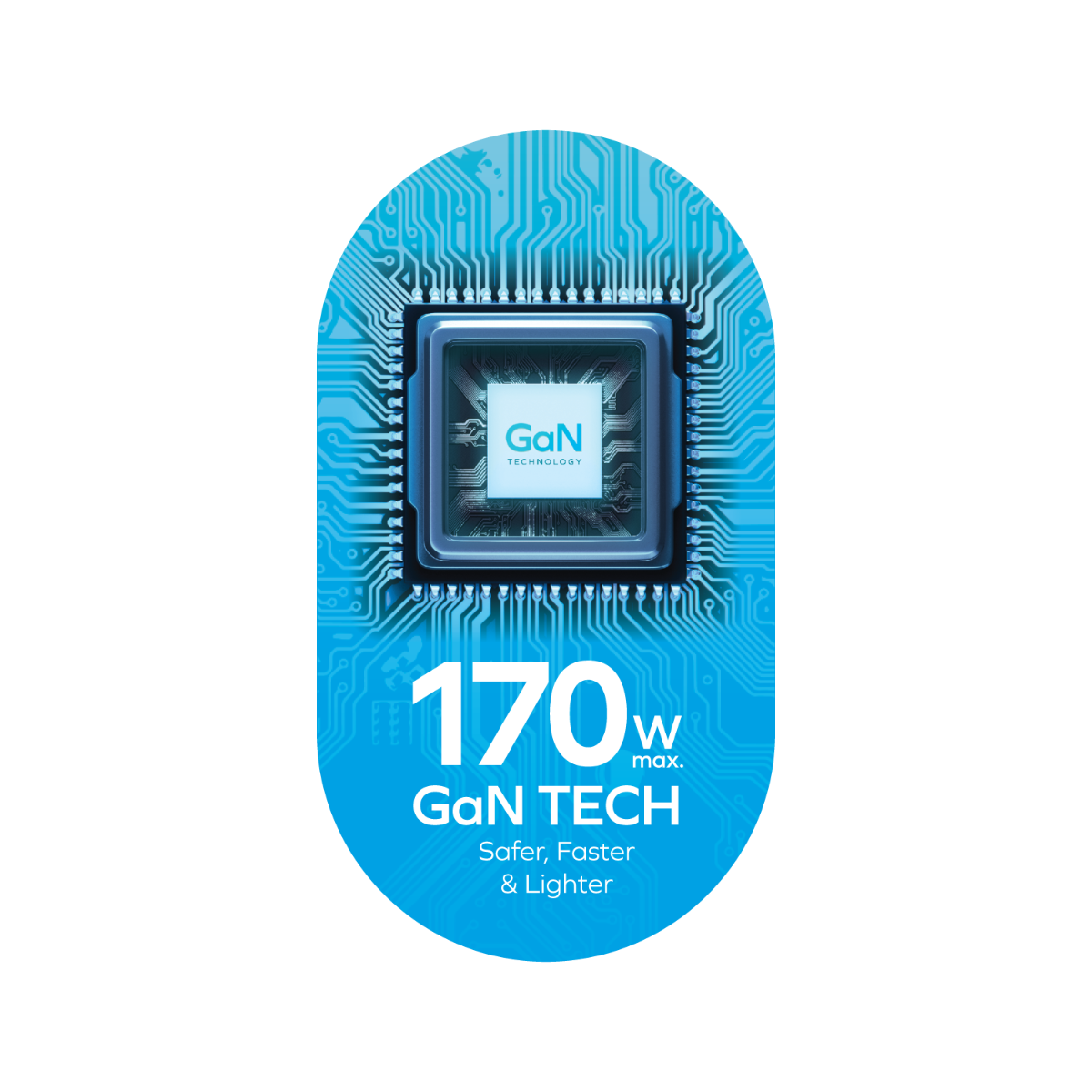 Çip tasarımlı mavi oval grafik. GaN Technology, 170W max. ve GaN TECH yazıyor. Metin: Daha Güvenli, Daha Hızlı ve Daha Hafif.