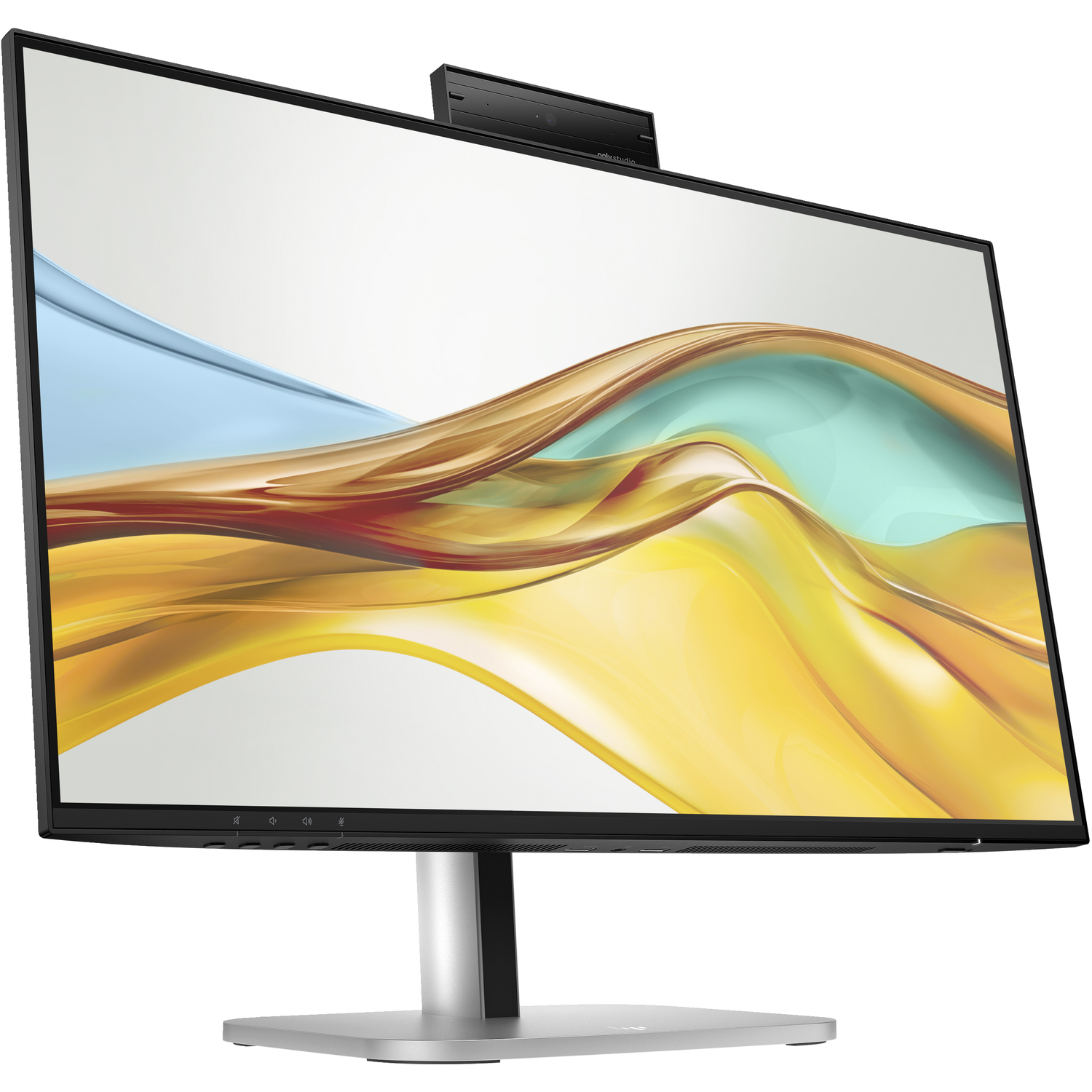 Een computermonitor met ingebouwde webcam toont een abstract ontwerp in geel, blauw en bruin.