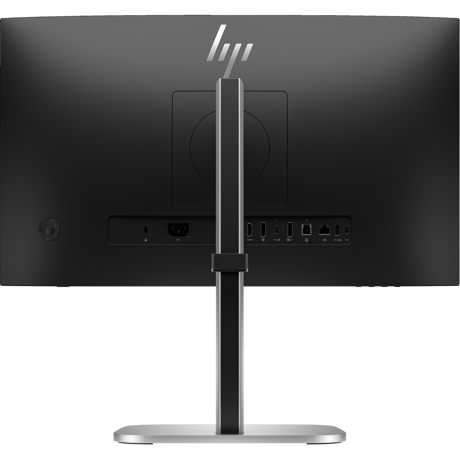 Achteraanzicht van een zwarte HP-monitor. Het heeft een standaard, meerdere poorten en het HP-logo bovenaan. Stroomkabel en andere poorten zijn zichtbaar.