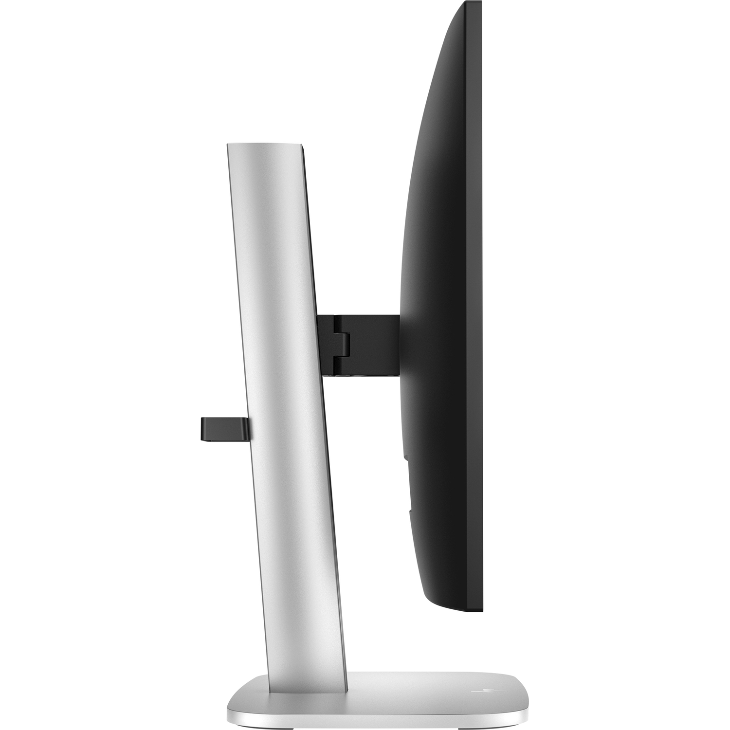 Een zijaanzicht van een computermonitor. Het scherm is zwart, de standaard is zilver. Het staat op een witte achtergrond.