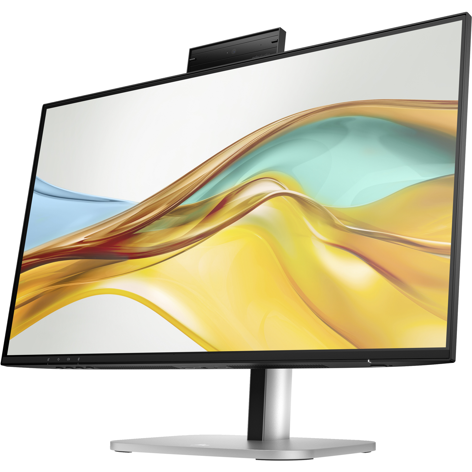 Een computermonitor met een ingebouwde webcam. Het scherm toont een abstract patroon van goud, geel en blauw. De monitor staat op een zilveren standaard.