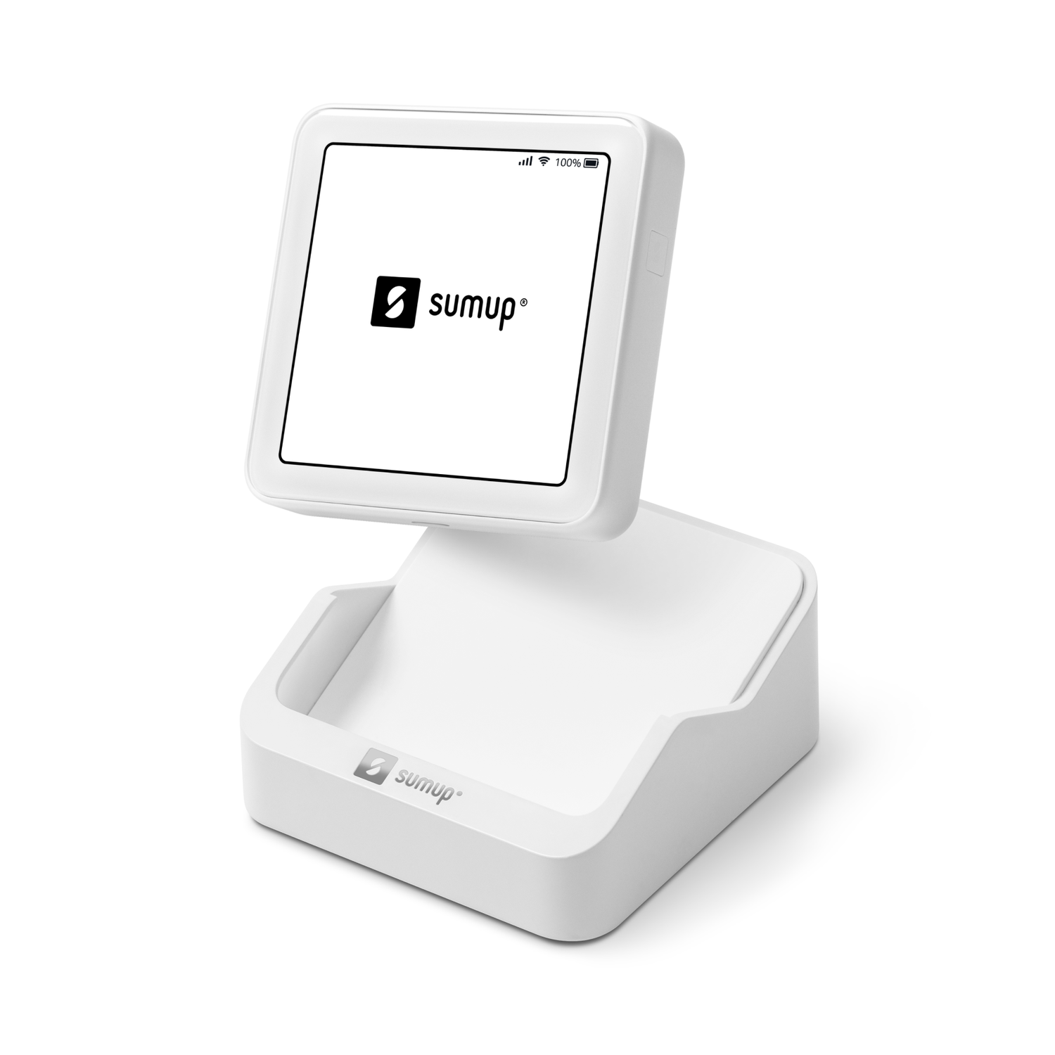 White SumUp card reader on a white base. The screen displays the SumUp logo. The battery is at 100%.