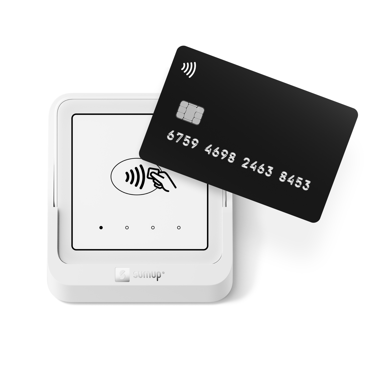 A black credit card is held over a white card reader. The reader has a contactless payment symbol.