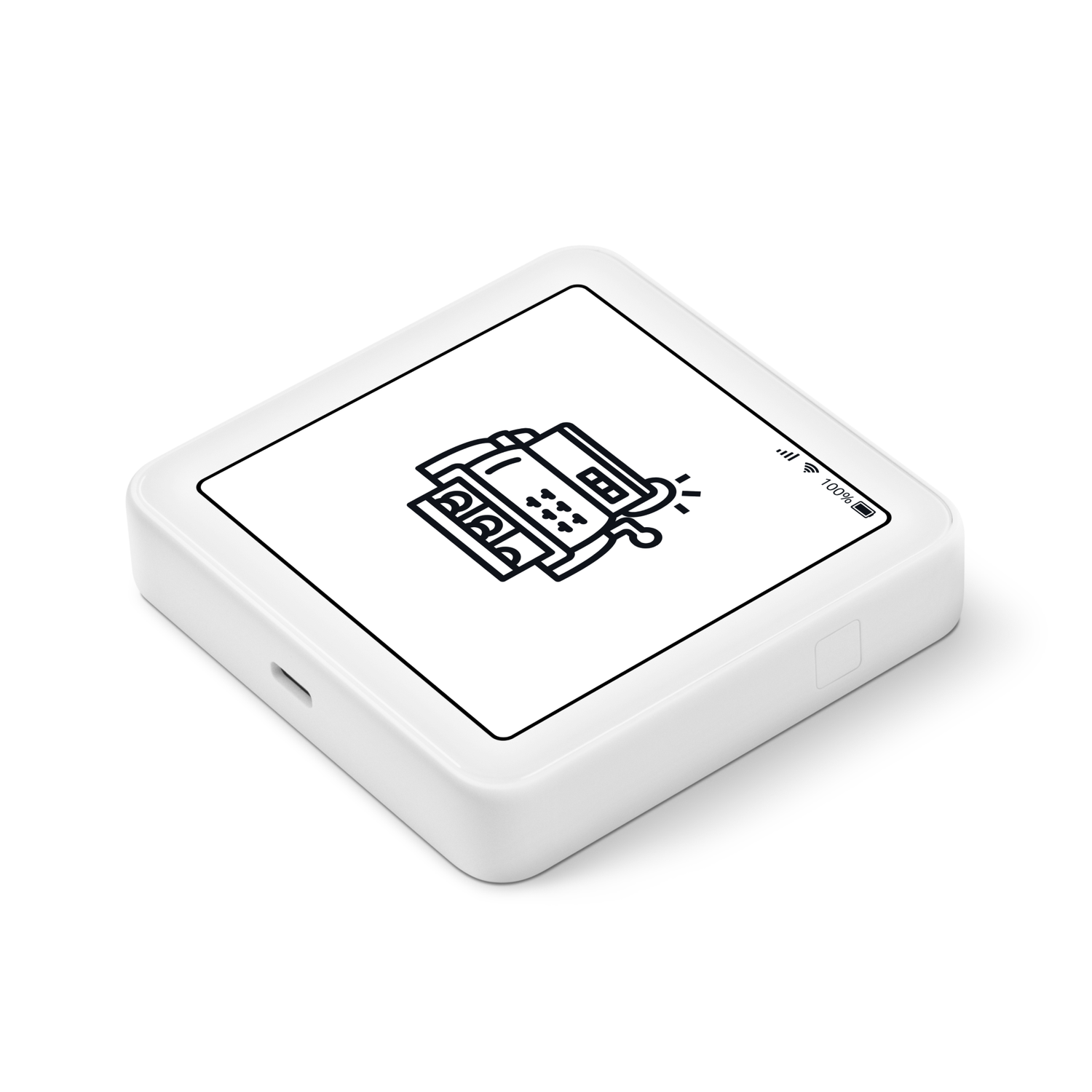 A white, square device with a screen showing a cash register icon. It has a power button, a charging port, and a 100% battery icon.