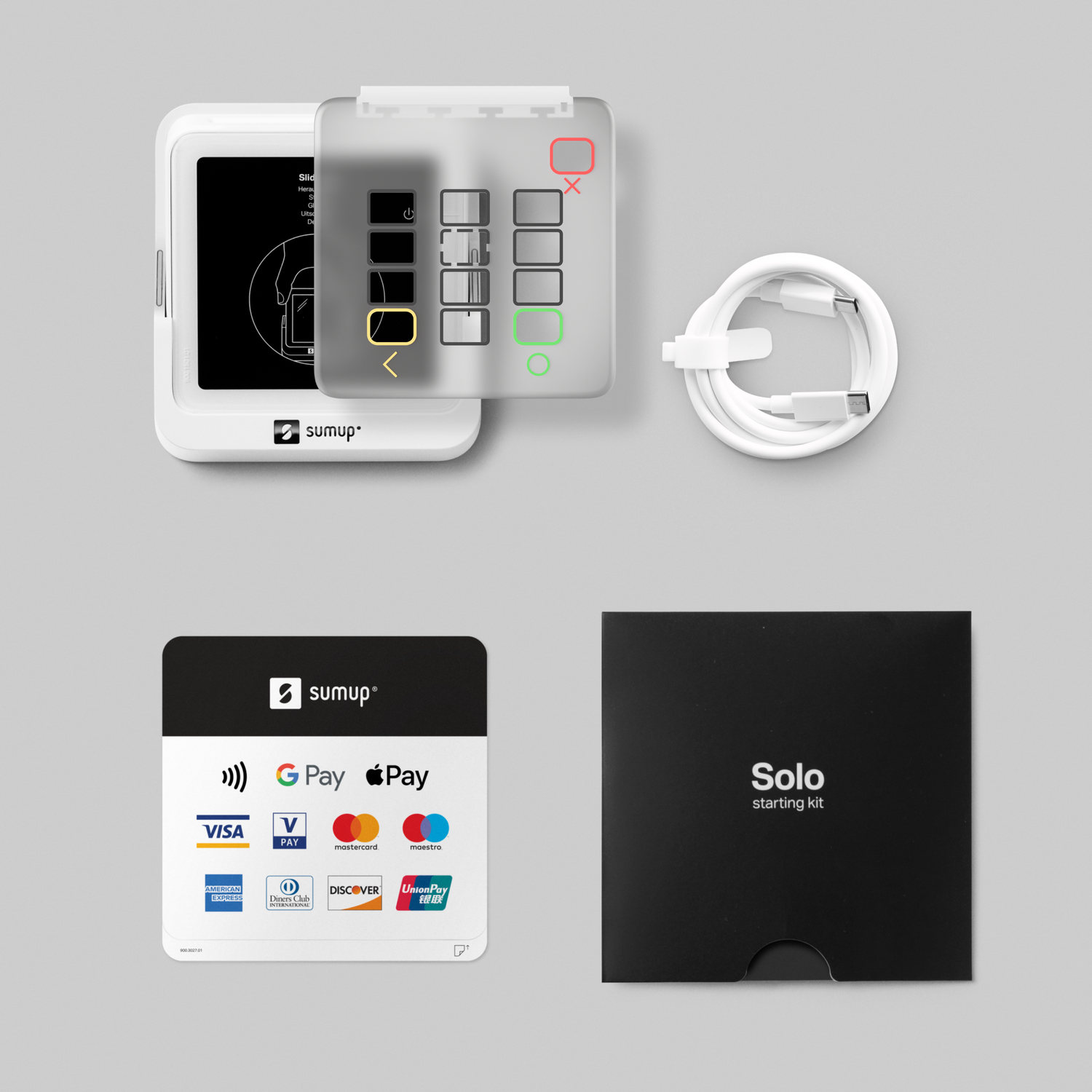 A SumUp Solo starter kit. Includes a card reader, cable, and a card with payment options. A black box with 'Solo' on it.