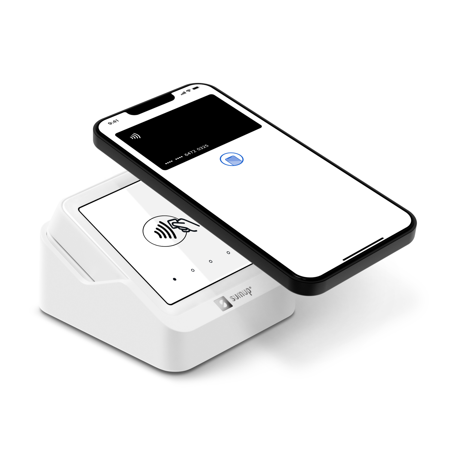 A white payment terminal with a phone above it, showing card details. The phone is black, the terminal has the SumUp logo.