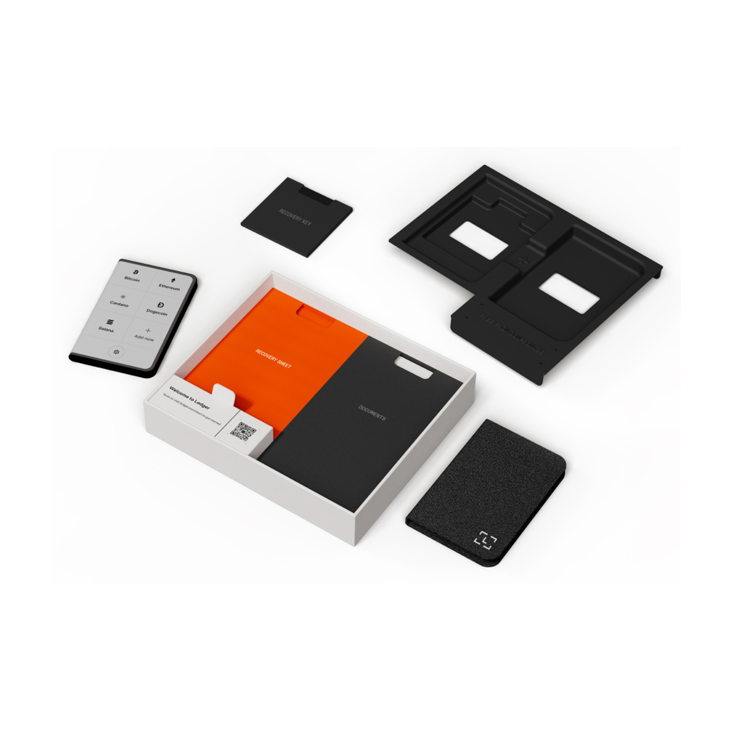 Kit portafoglio hardware Ledger con dispositivo Ledger, foglio di ripristino, documenti e portafoglio nero su sfondo bianco.