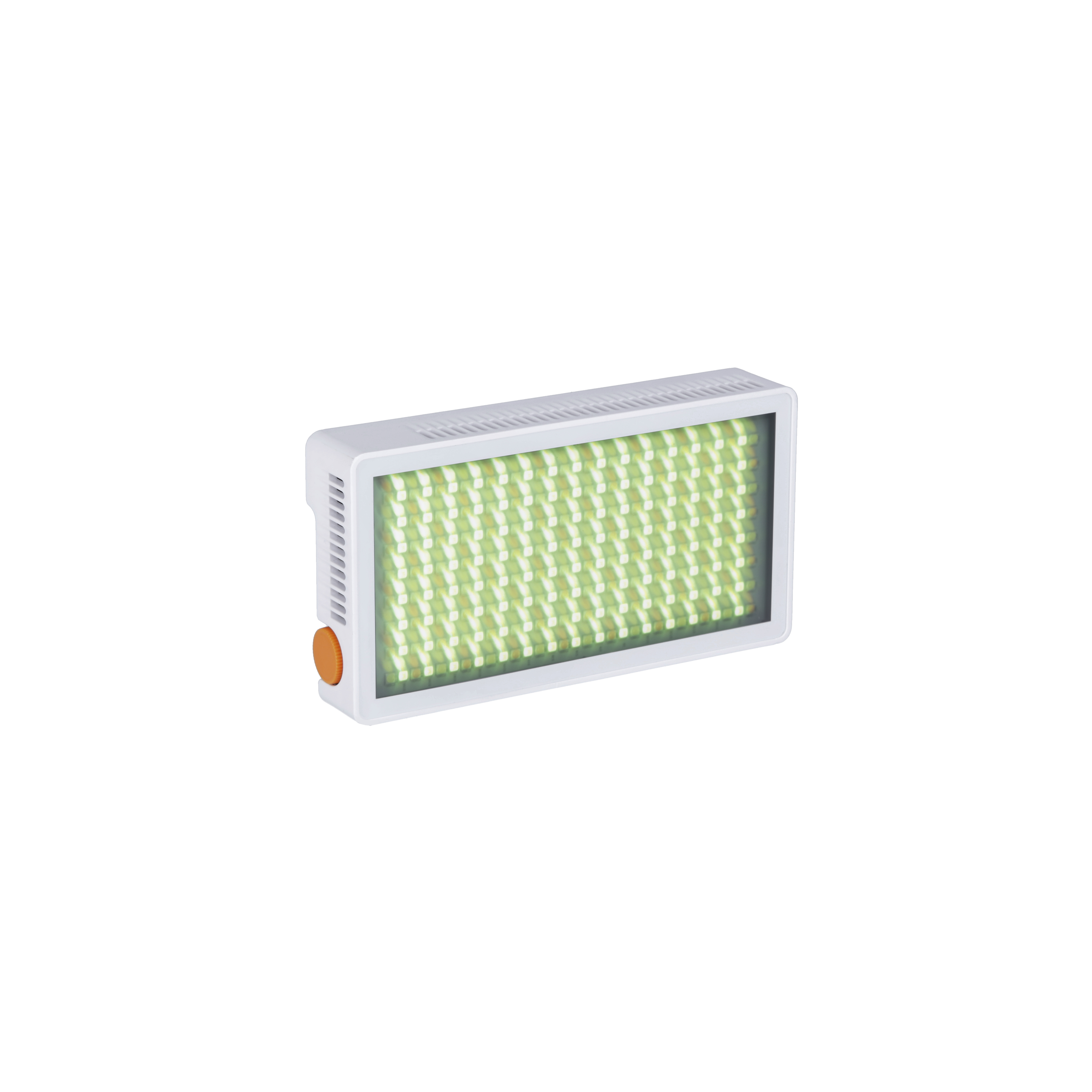Rechteckige LED-Leuchte. Es hat einen weißen Rahmen mit grünen Lichtern im Inneren. An der Seite befindet sich ein orangefarbener Knopf.