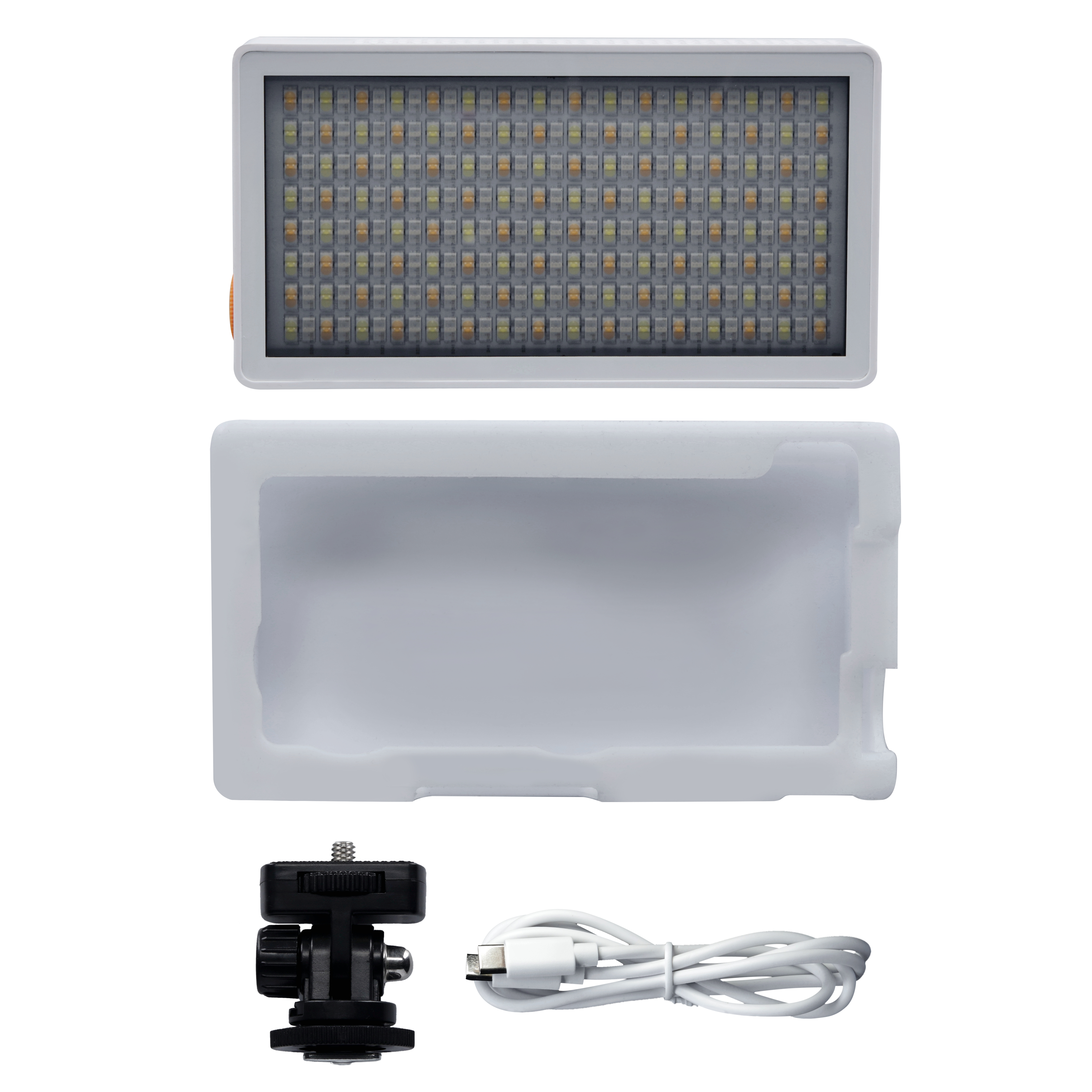 Weißes LED-Licht, Gehäuse, Halterung und Kabel auf weißem Hintergrund. Oben: Licht. Mitte: Gehäuse. Unten: Halterung und Kabel.