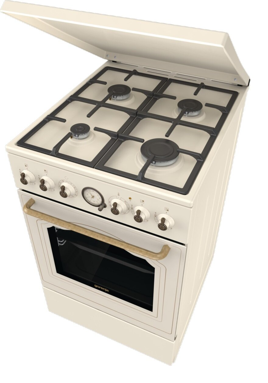 Kremowa kuchenka gazowa z czterema palnikami, pokrętłami, drzwiczkami piekarnika i otwartą pokrywą. Drzwi piekarnika mają złoty uchwyt.