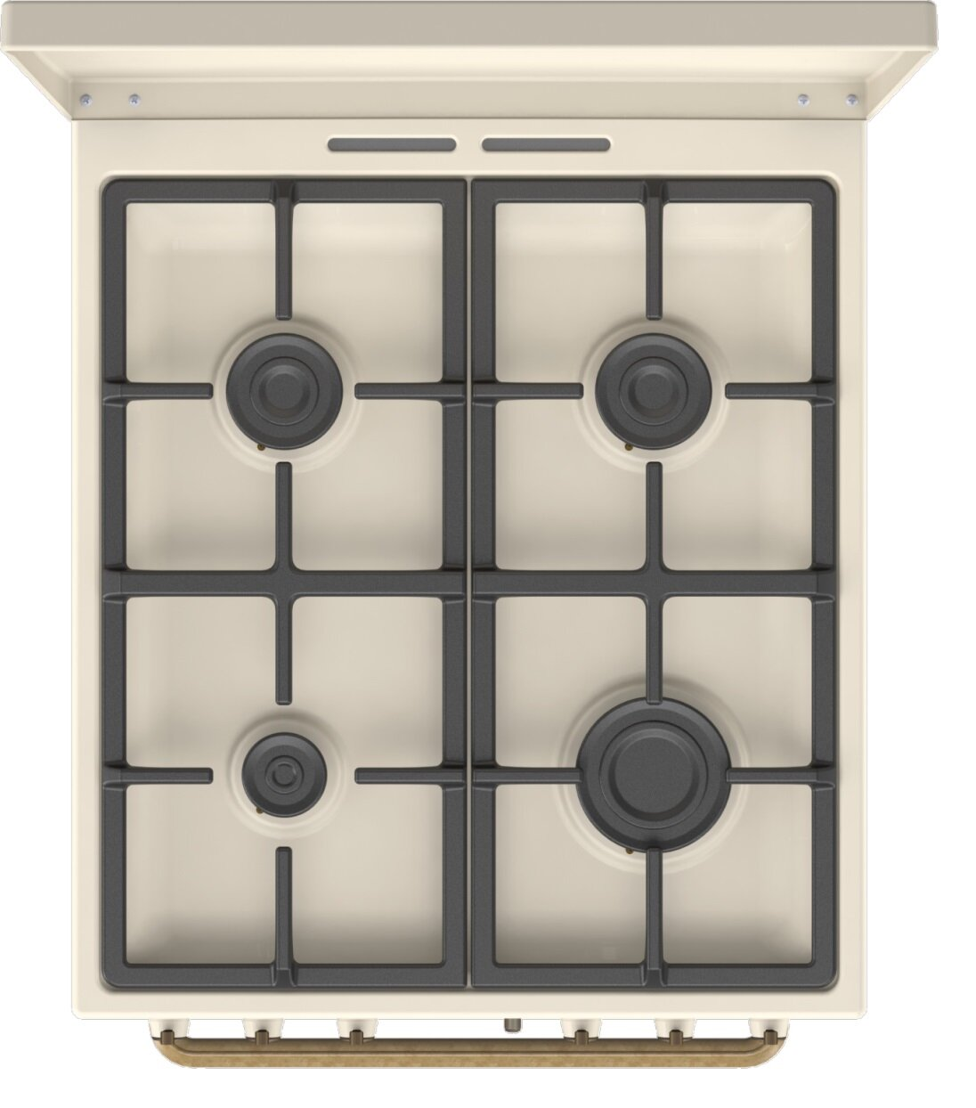 Widok z góry na beżową kuchenkę gazową z czterema palnikami. Każdy palnik ma ciemnoszarą kratkę i pokrętło.