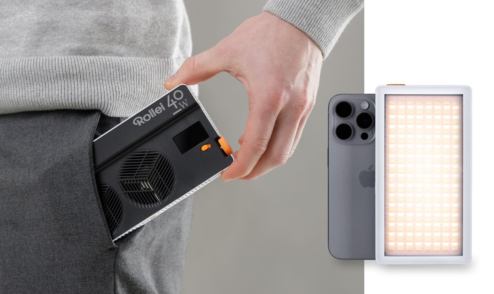 Eine Hand zieht ein Rollei 40W-Licht aus einer Tasche. Ein iPhone und ein weiteres Licht daneben. Graue Hose und Pullover.