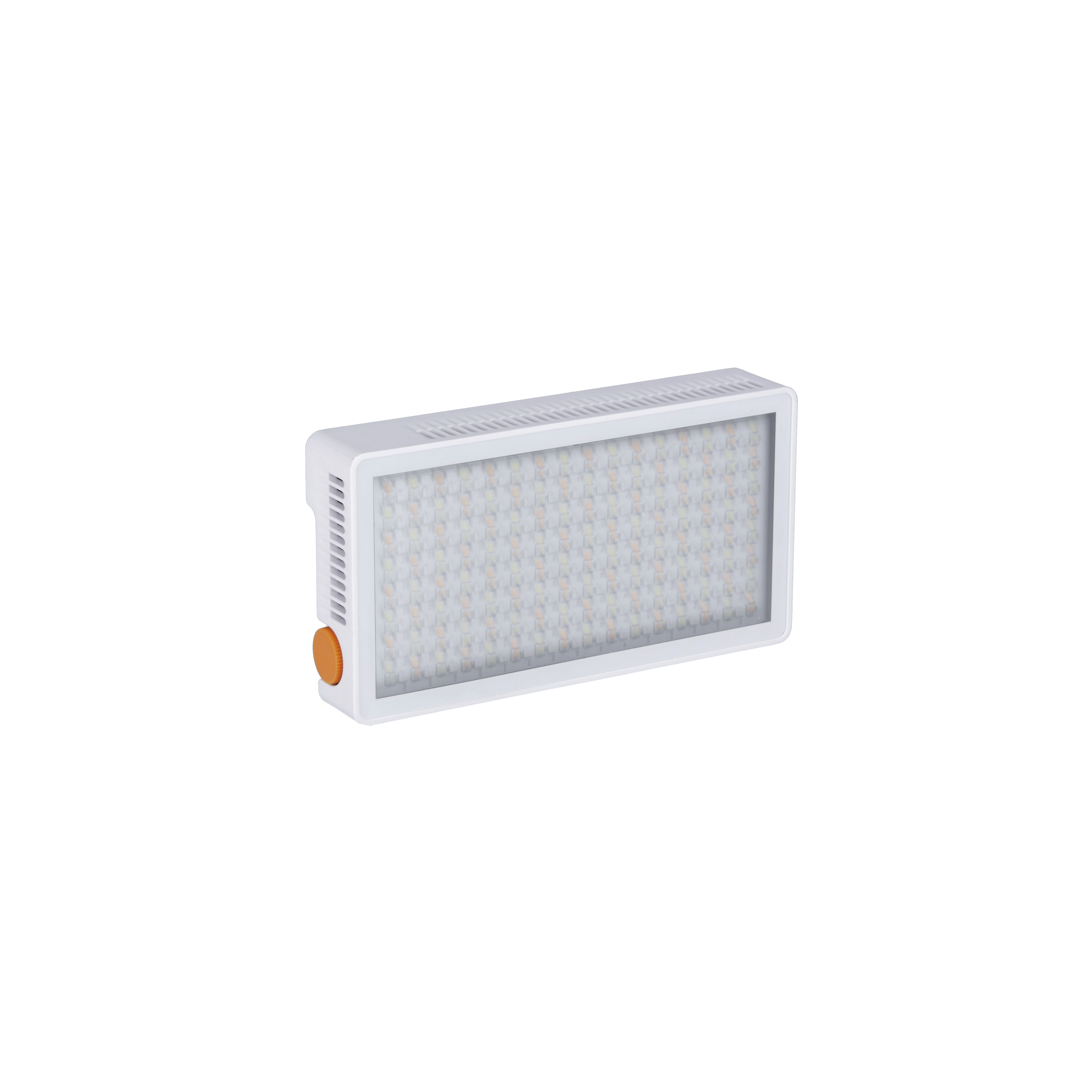 Ein rechteckiges, weißes LED-Lichtpanel mit einem Raster aus kleinen Lichtern. Es hat einen orangefarbenen Knopf.