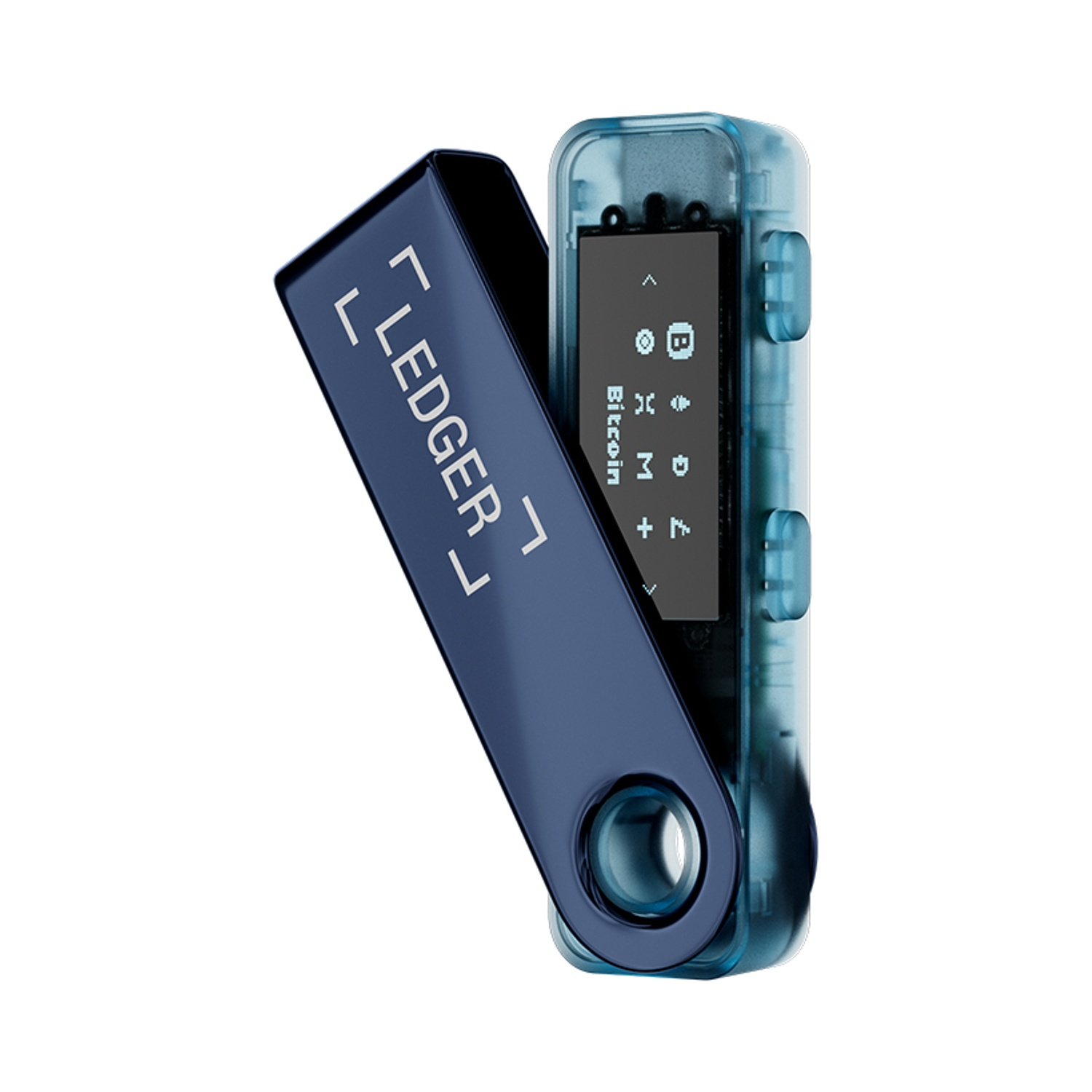 Un portafoglio hardware Ledger. Dispositivo blu con schermo che mostra Bitcoin e altri simboli crittografici. Il coperchio è aperto.