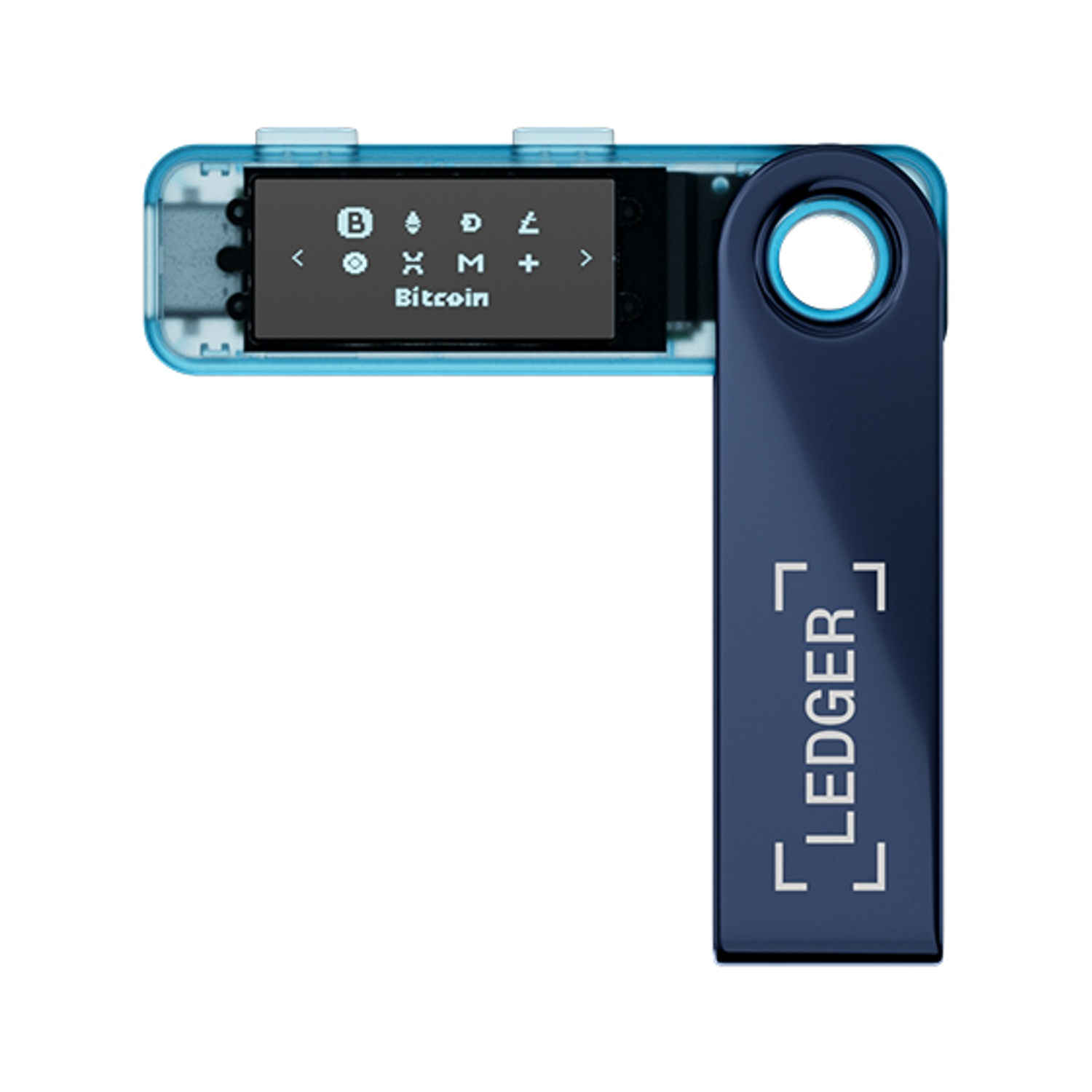 Un portafoglio hardware Ledger, blu e nero. Lo schermo mostra Bitcoin. Il logo Ledger è sul dispositivo.