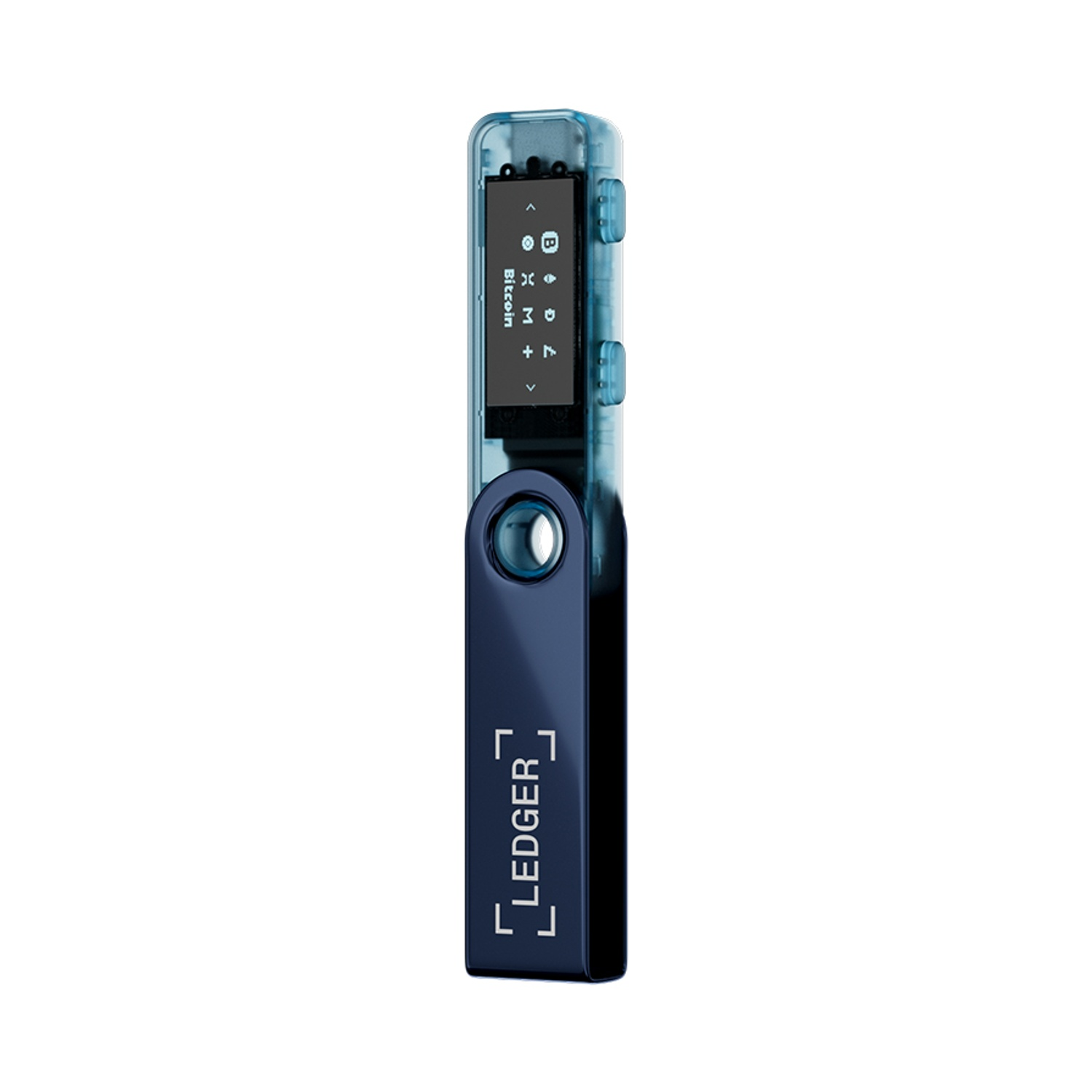 Un portafoglio hardware crittografico Ledger Nano X. È blu e traslucido con un piccolo schermo. Il logo Ledger è visibile.