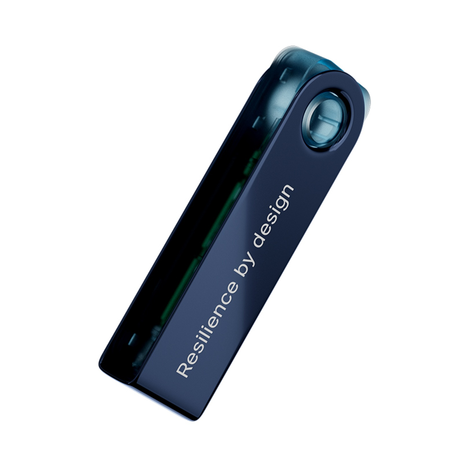 Un portafoglio hardware blu scuro con bordi arrotondati, con la scritta 'Resilience by design' sul lato, su sfondo bianco.
