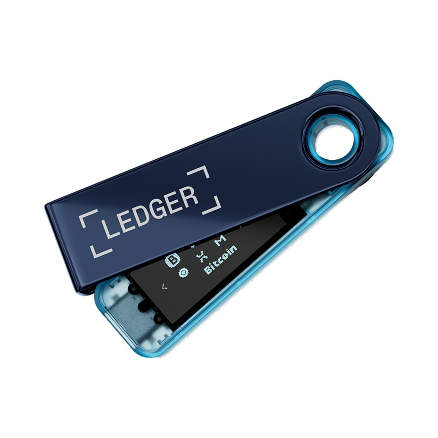 Un portafoglio hardware Ledger. Custodia in metallo blu scuro con cornice blu chiaro trasparente. Lo schermo mostra info Bitcoin.