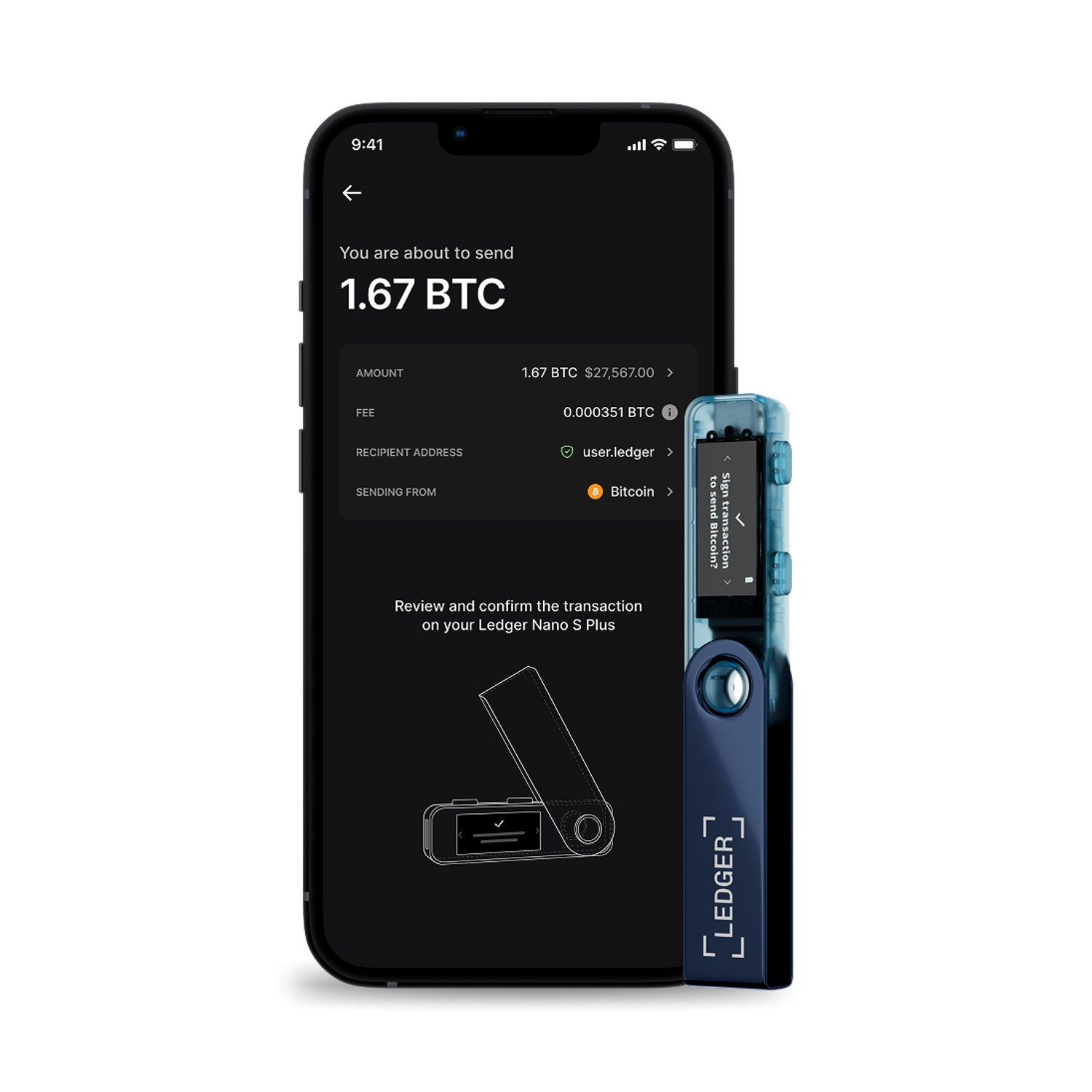 Uno smartphone mostra una transazione Bitcoin, 1,67 BTC. Accanto c'è un Ledger Nano S Plus. Il telefono e il dispositivo sono blu.