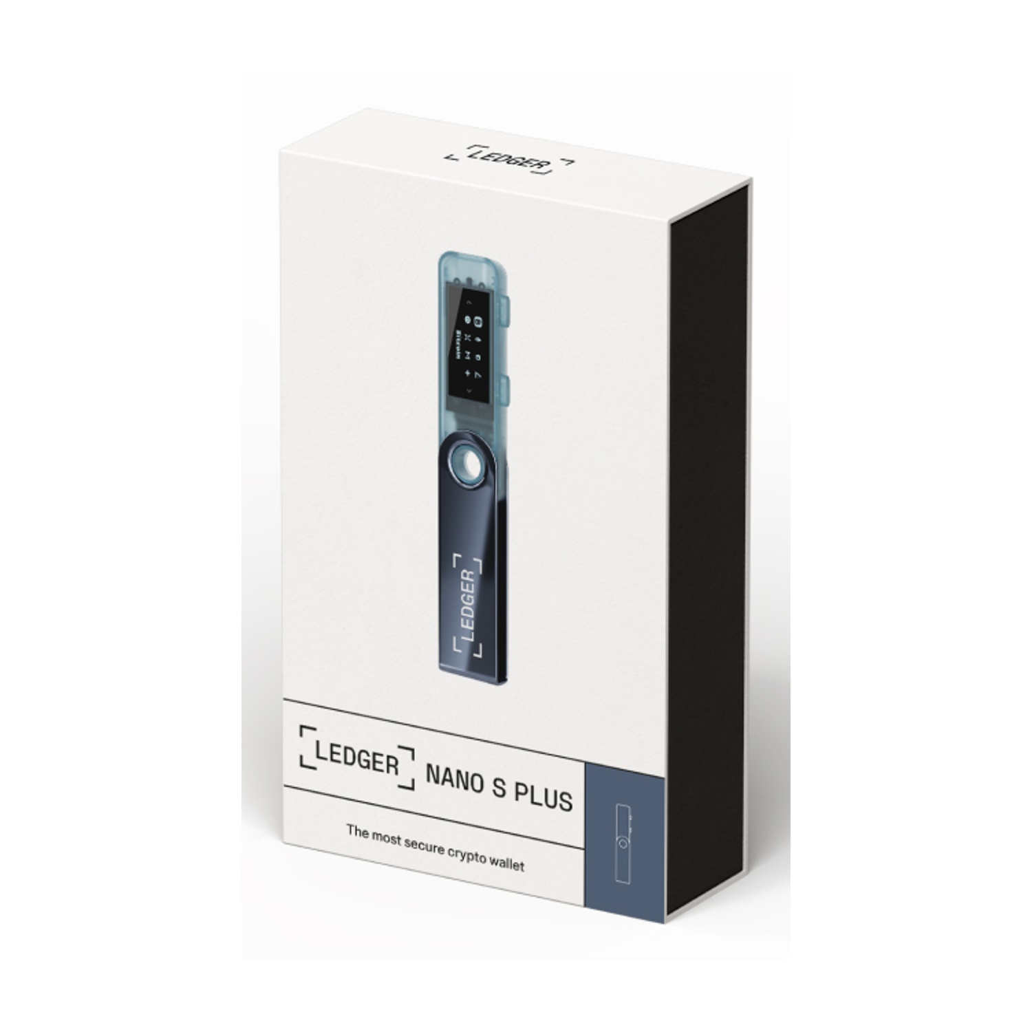 Portafoglio crypto Ledger Nano S Plus nella sua scatola. La scatola è bianca con dettagli neri. Il portafoglio è nero e argento.