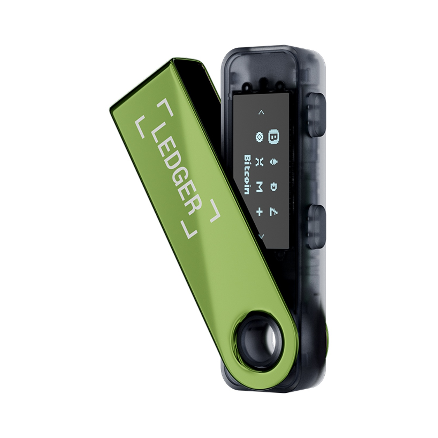 Un portafoglio hardware Ledger, fronte verde, retro nero, mostra informazioni Bitcoin su un piccolo schermo.