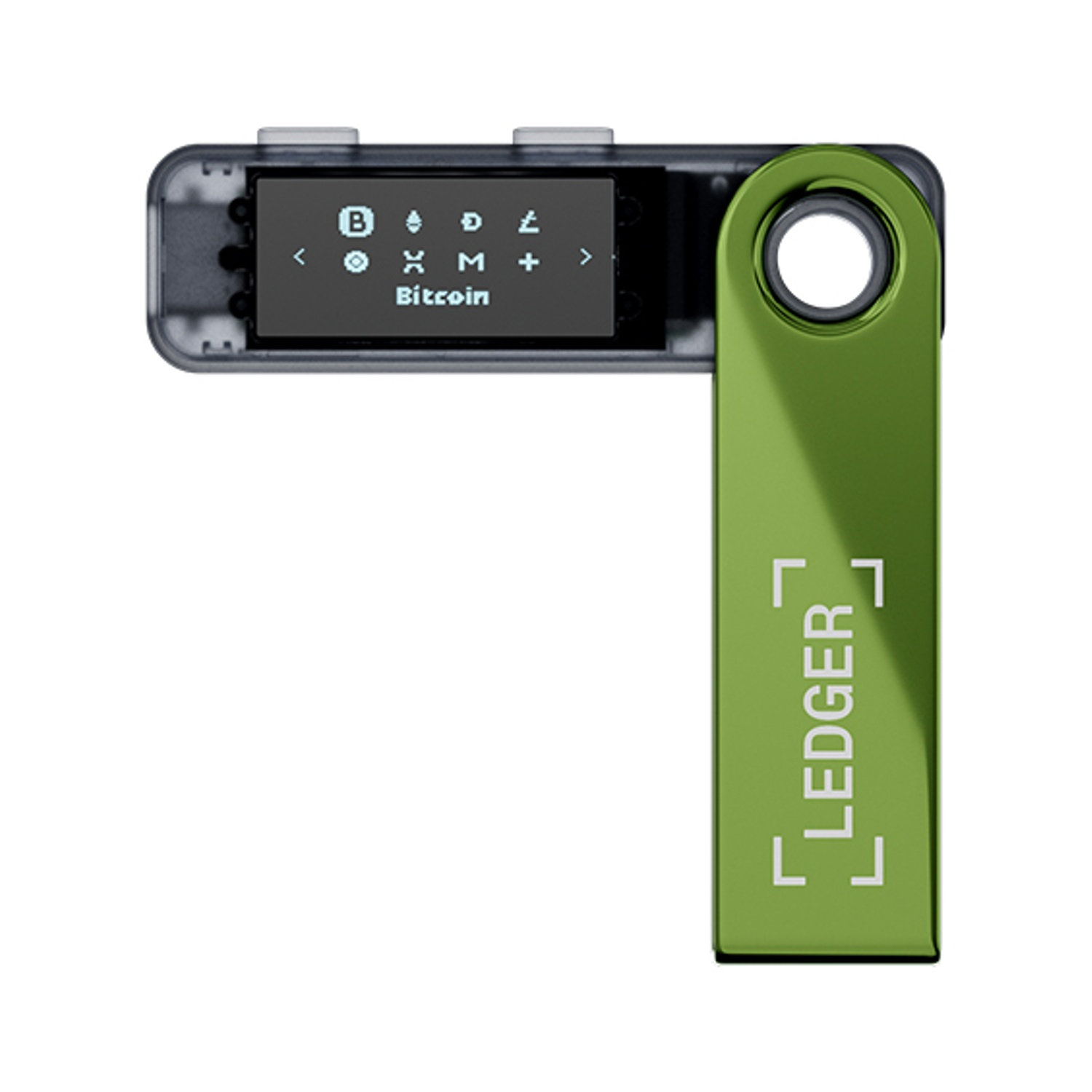 Un portafoglio hardware Ledger. Ha uno schermo con la scritta "Bitcoin" e un alloggiamento metallico verde con il logo "Ledger".