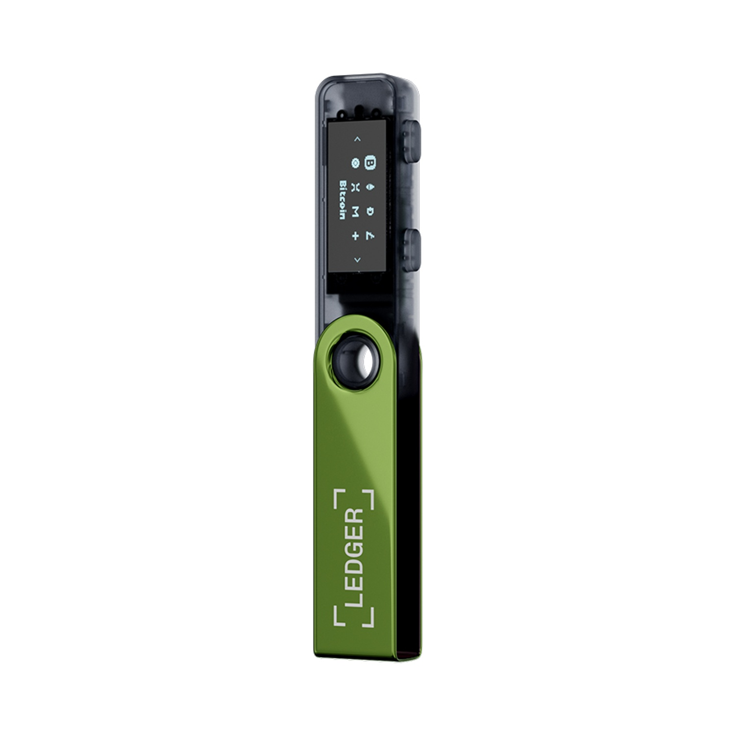 Un portafoglio hardware crittografico Ledger Nano S. È un dispositivo nero e verde con uno schermo. Il marchio "Ledger" è visibile.