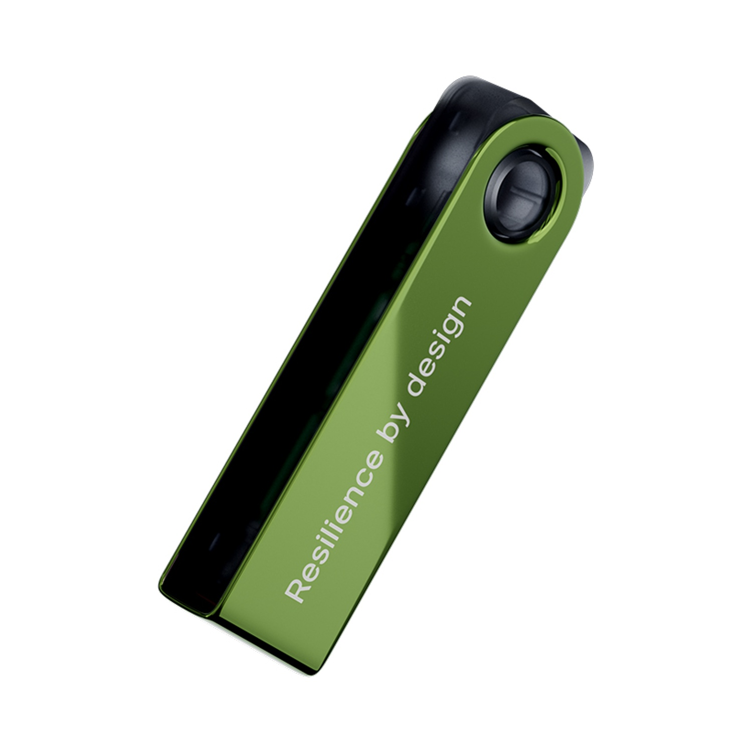 Un dispositivo verde e nero con la scritta "Resilience by design". Il dispositivo è su sfondo bianco.