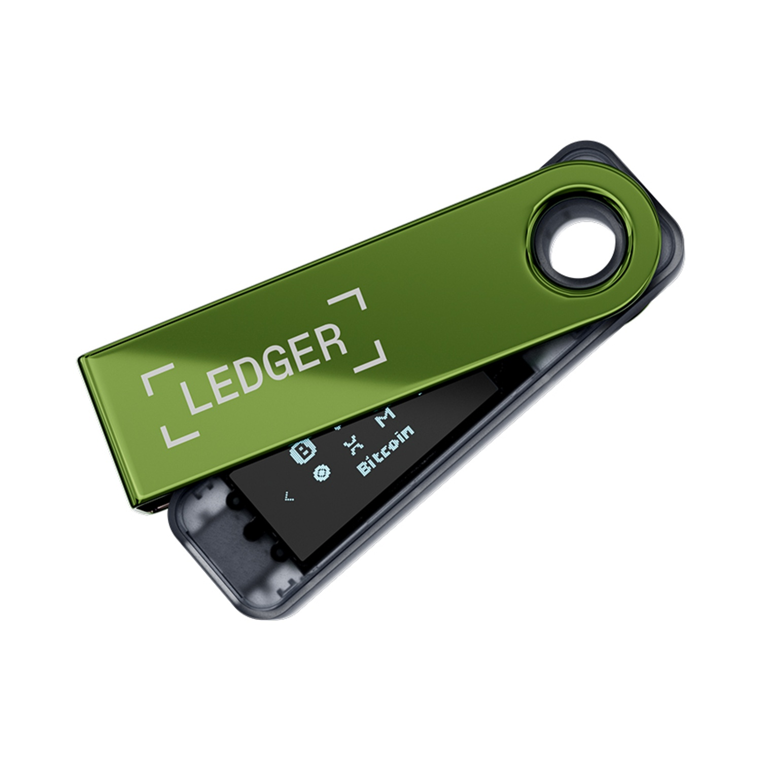 Portafoglio hardware Ledger verde, parzialmente aperto. Lo schermo mostra simboli Bitcoin e altre criptovalute. Il dispositivo è su sfondo bianco.