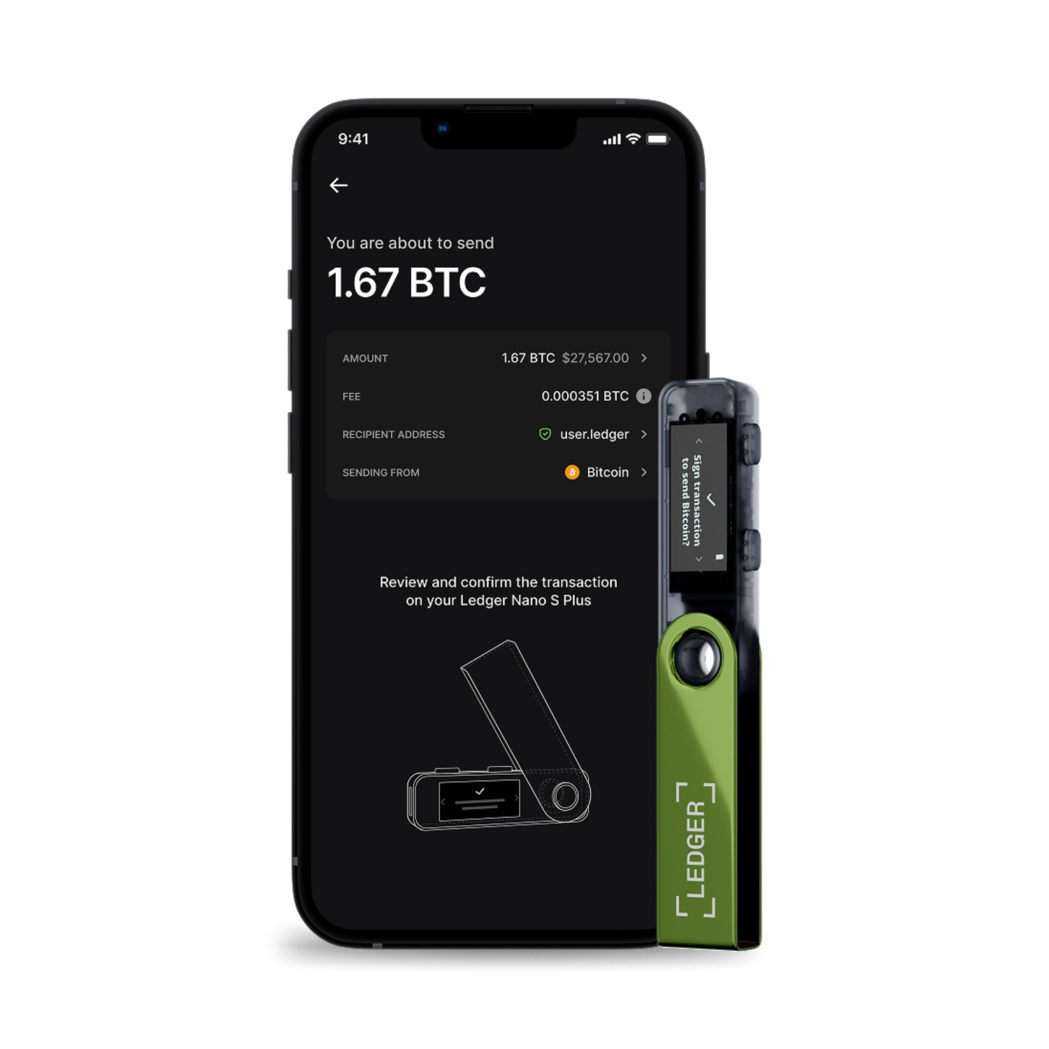 Un telefono mostra una transazione Bitcoin, con un portafoglio Ledger Nano S Plus accanto. Lo schermo mostra i dettagli della transazione.