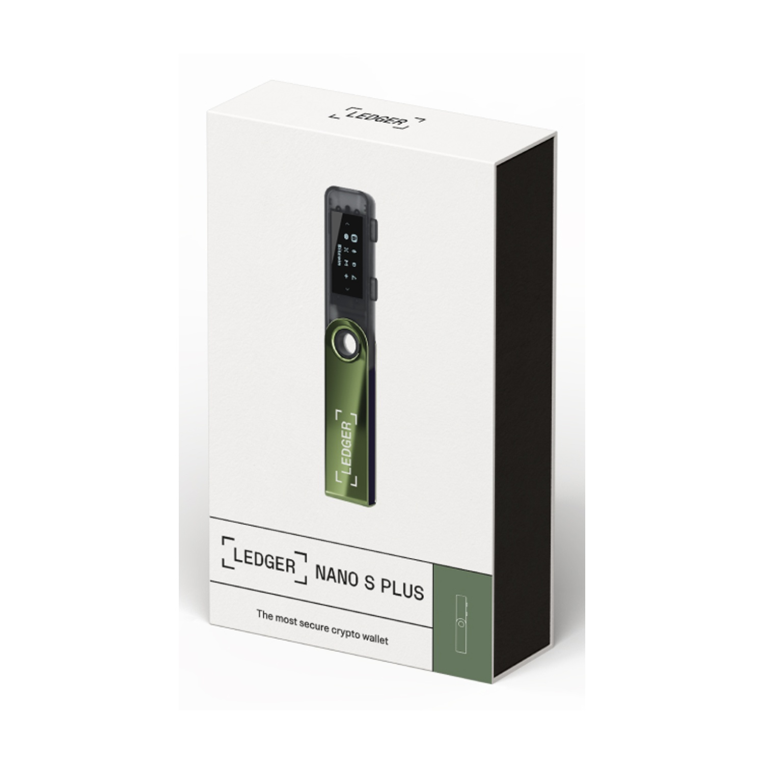 Un portafoglio crittografico Ledger Nano S Plus nella sua scatola. La scatola è bianca con dettagli neri e il logo Ledger. Il dispositivo è verde e nero.