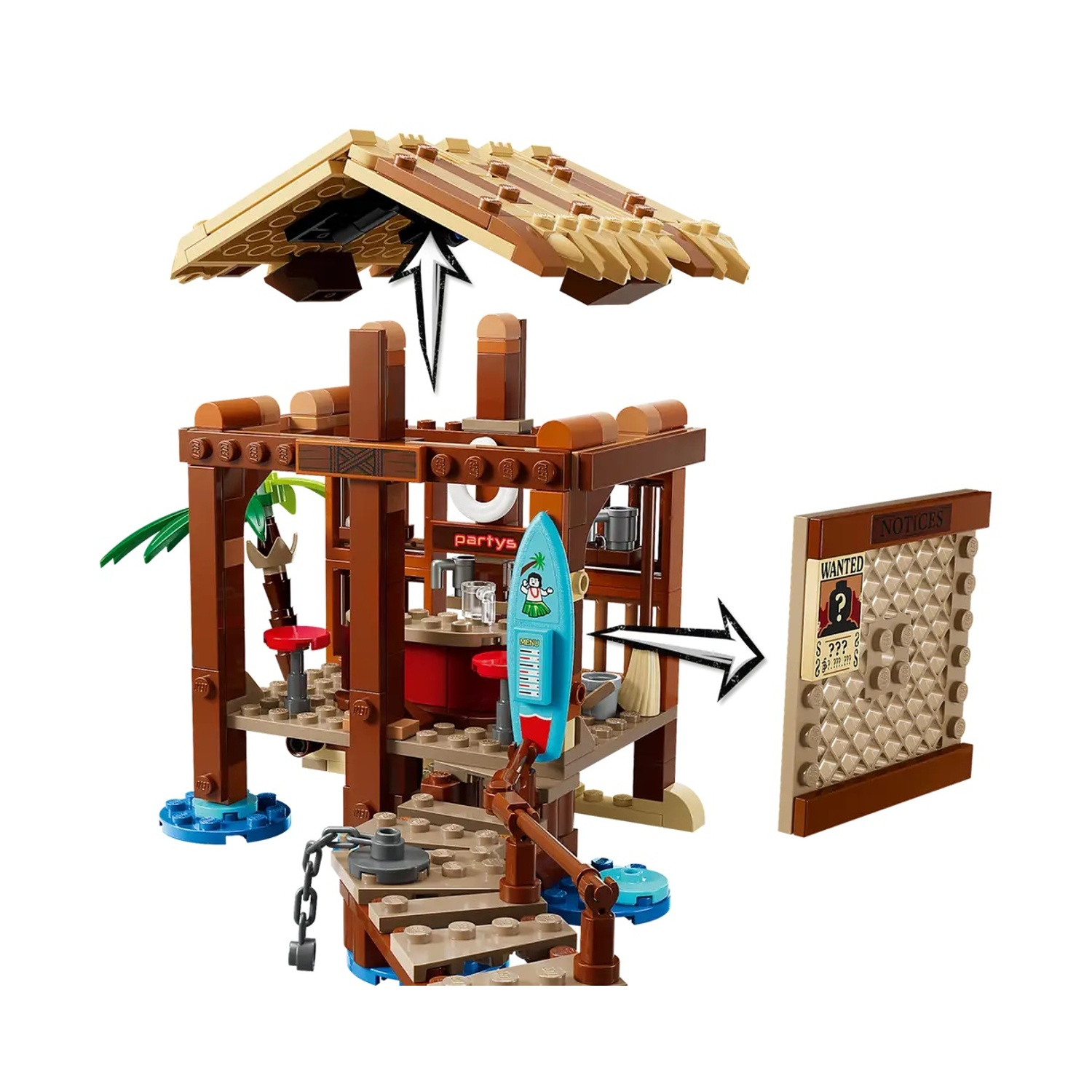 Un bar sulla spiaggia Lego con tetto di paglia. Ha una tavola da surf, un cartello "Wanted" e una palma.