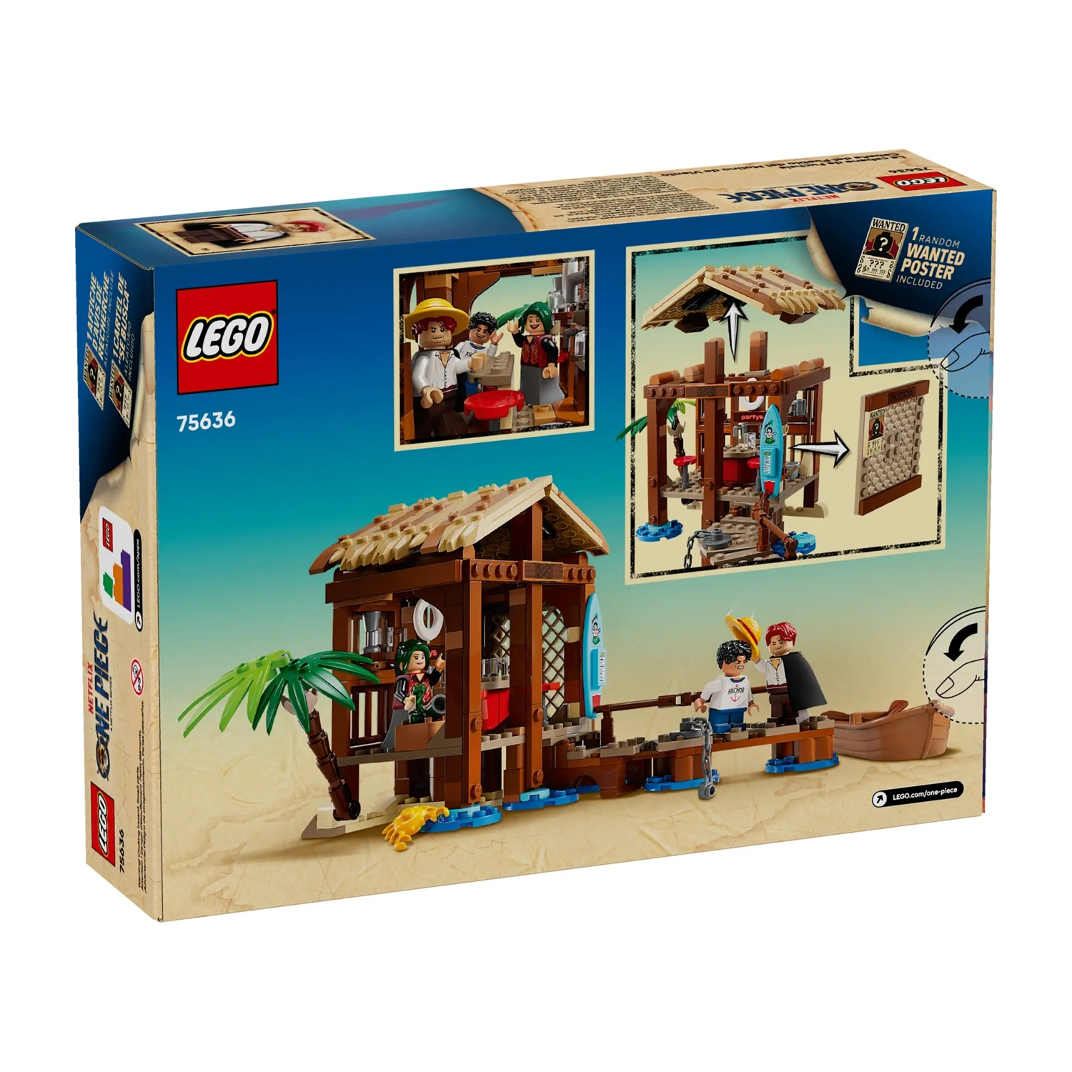 Scatola Lego a tema One Piece. Mostra un edificio con minifigure, una barca e palme. Sfondo con sabbia e cielo.
