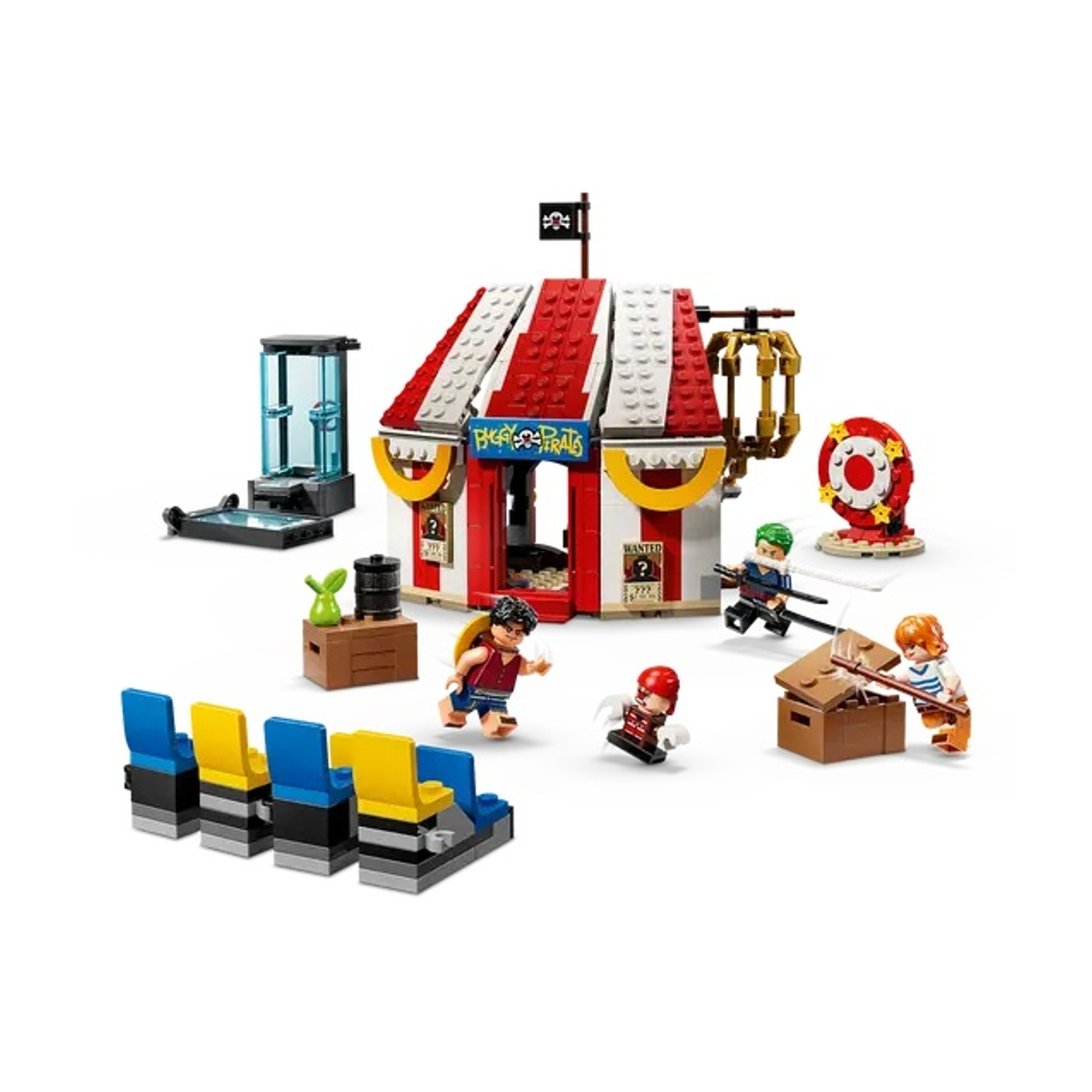 Set Lego con tendone da circo rosso e bianco, minifigure, bersaglio e area salotto. I personaggi sono impegnati a giocare.
