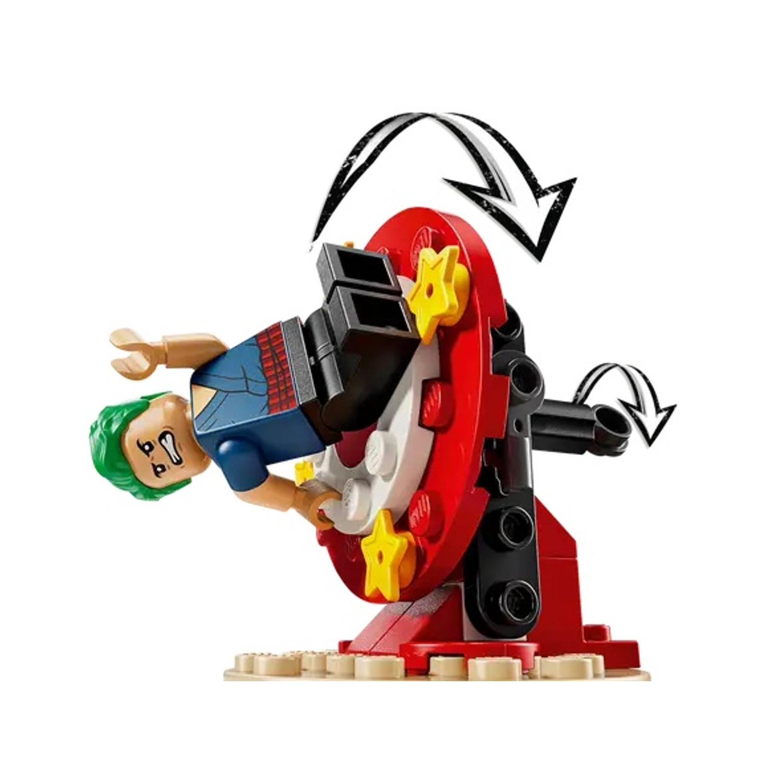 Un personaggio Lego con i capelli verdi si capovolge su una ruota girevole rossa e bianca, con stelle gialle e supporti neri.