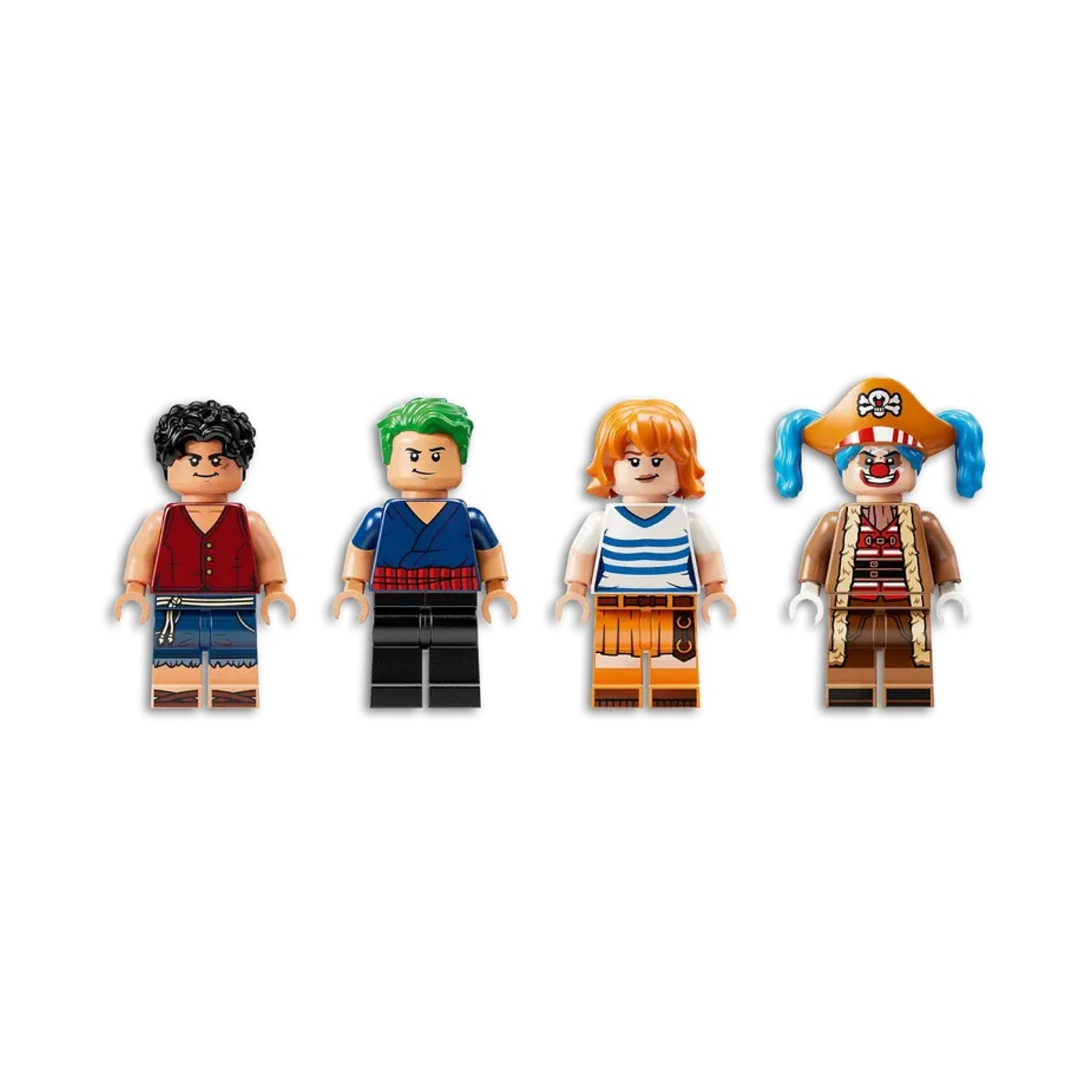 Quattro personaggi Lego di One Piece: Luffy, Zoro, Nami e Buggy. Ogni personaggio ha colori e abiti distintivi, in piedi su sfondo bianco.