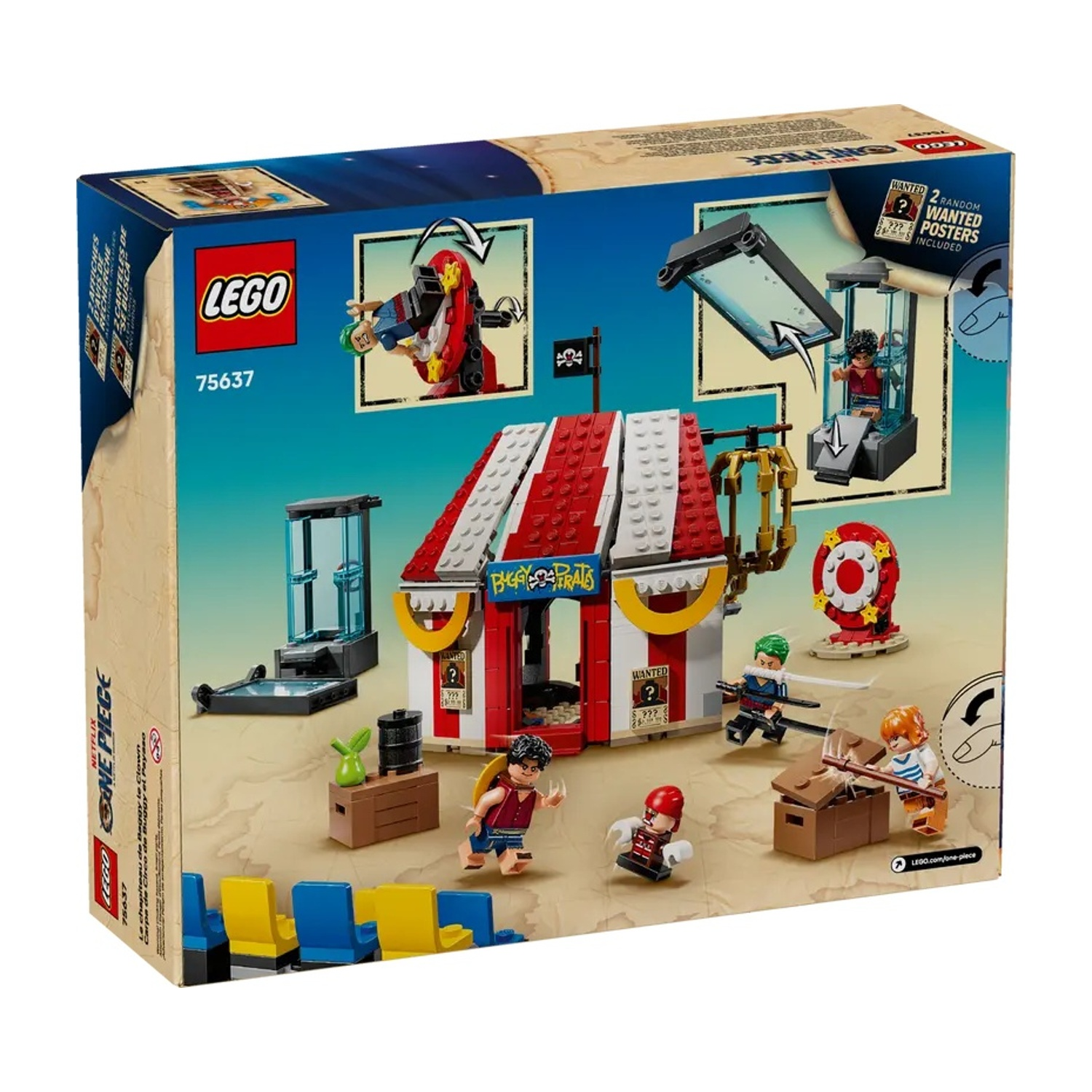 Scatola del set Lego One Piece. Mostra il circo di Buggy il Clown, con varie figure e strutture Lego.