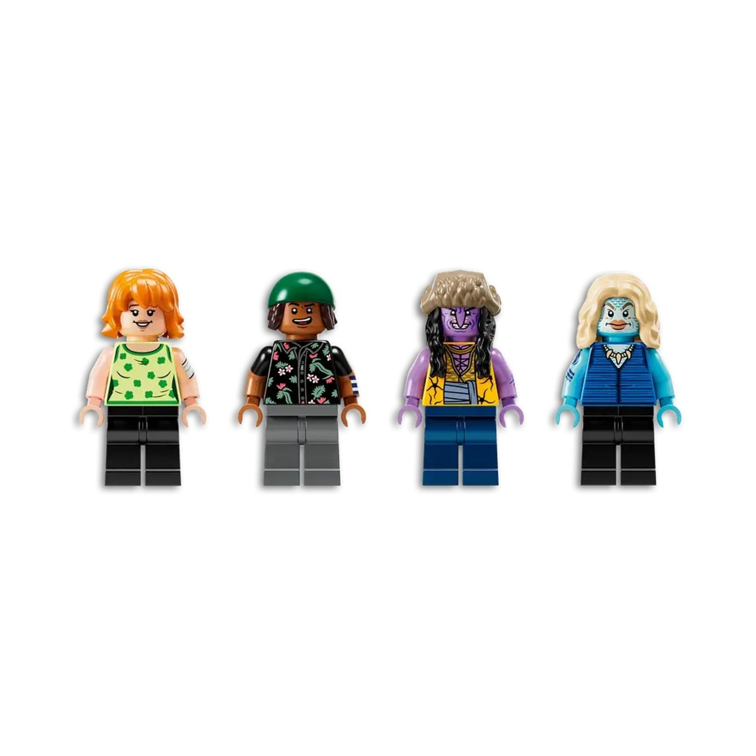 Quattro personaggi Lego in fila: una donna dai capelli rossi, un uomo con un casco verde, un alieno viola e una donna dalla pelle blu.