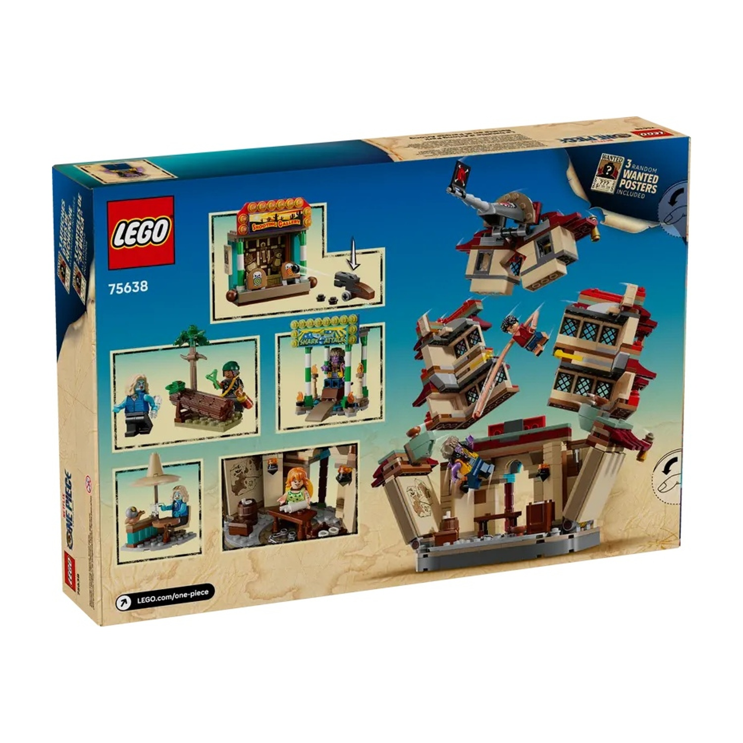 Scatola LEGO One Piece. Presenta varie scene Lego con minifigure e strutture di costruzione, mostrando i componenti e il design del set.