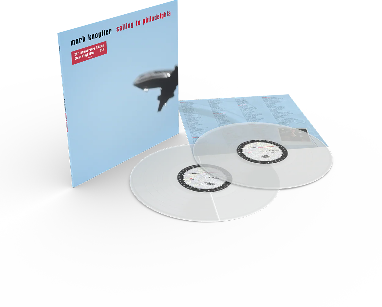 Mark Knopfler „Sailing to Philadelphia” című albumának borítója. 2 átlátszó bakelit lemezt tartalmaz. Világoskék háttér, repülőgép sziluettjével.