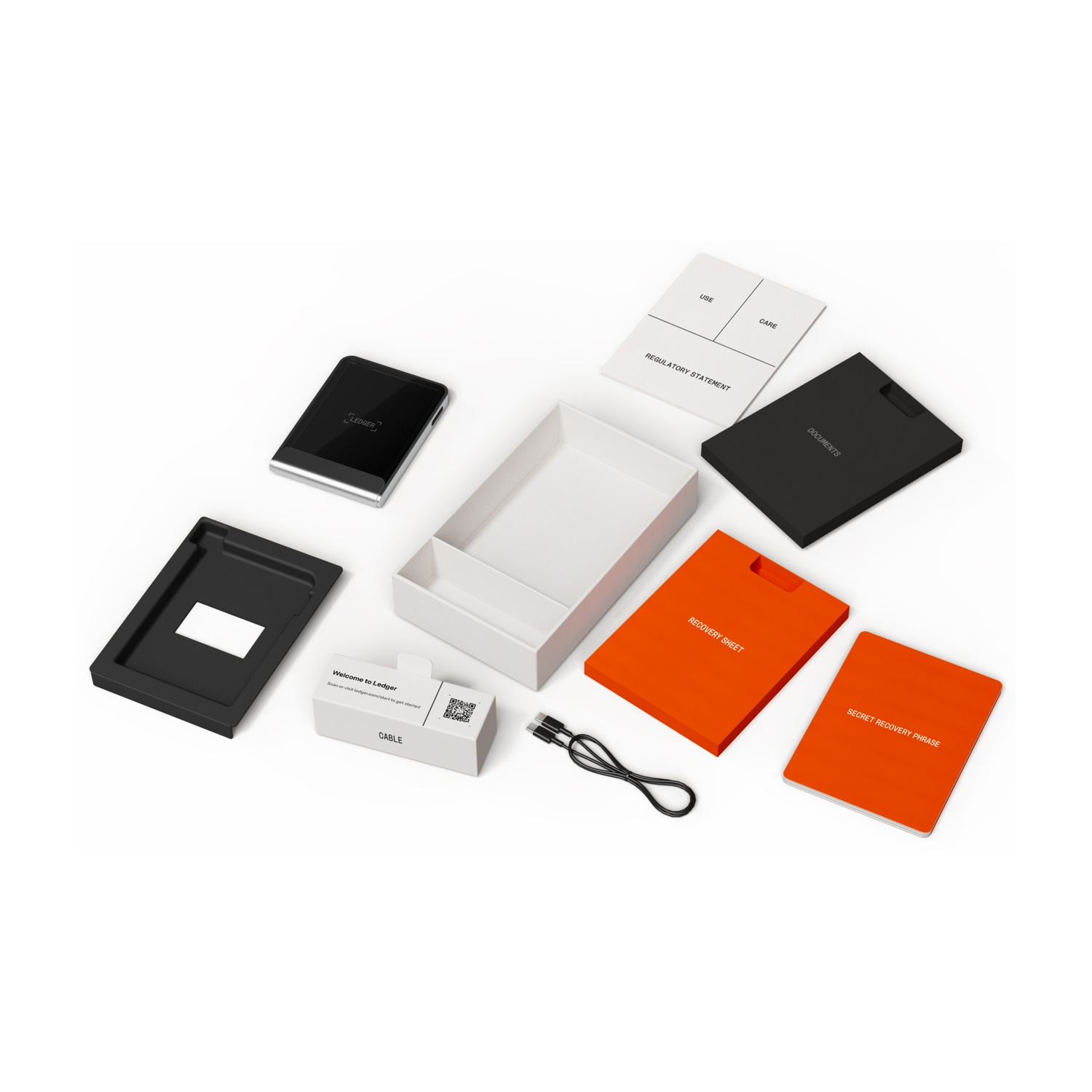 Un kit portafoglio hardware Ledger. Include un dispositivo, scatola, documenti, cavo e fogli di ripristino. Il layout è su una superficie bianca.