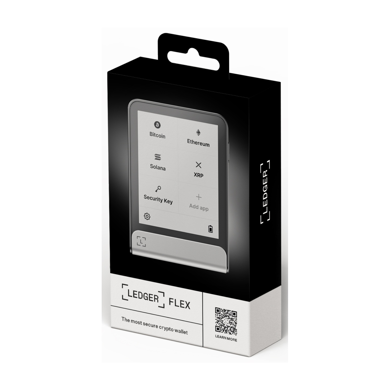 Una scatola nera Ledger Flex mostra uno schermo di portafoglio crittografico con icone Bitcoin, Ethereum, Solana e XRP. La scatola dice 'Ledger Flex'.