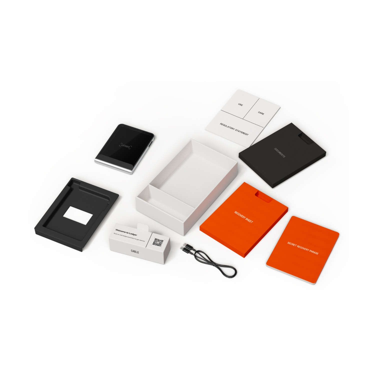 Kit portafoglio hardware Ledger con componenti: dispositivo Ledger, scatola, cavo, fogli di ripristino e documenti. Sfondo bianco.