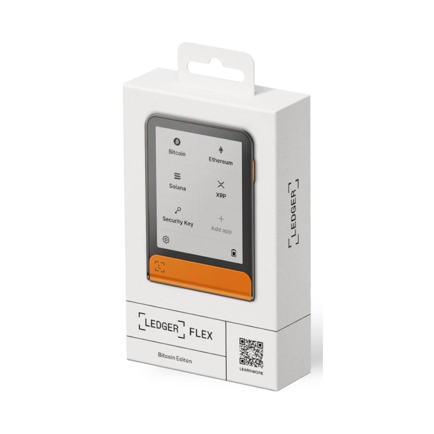 Una scatola Ledger Flex Bitcoin Edition. Mostra un dispositivo nero con loghi di criptovalute su sfondo bianco.
