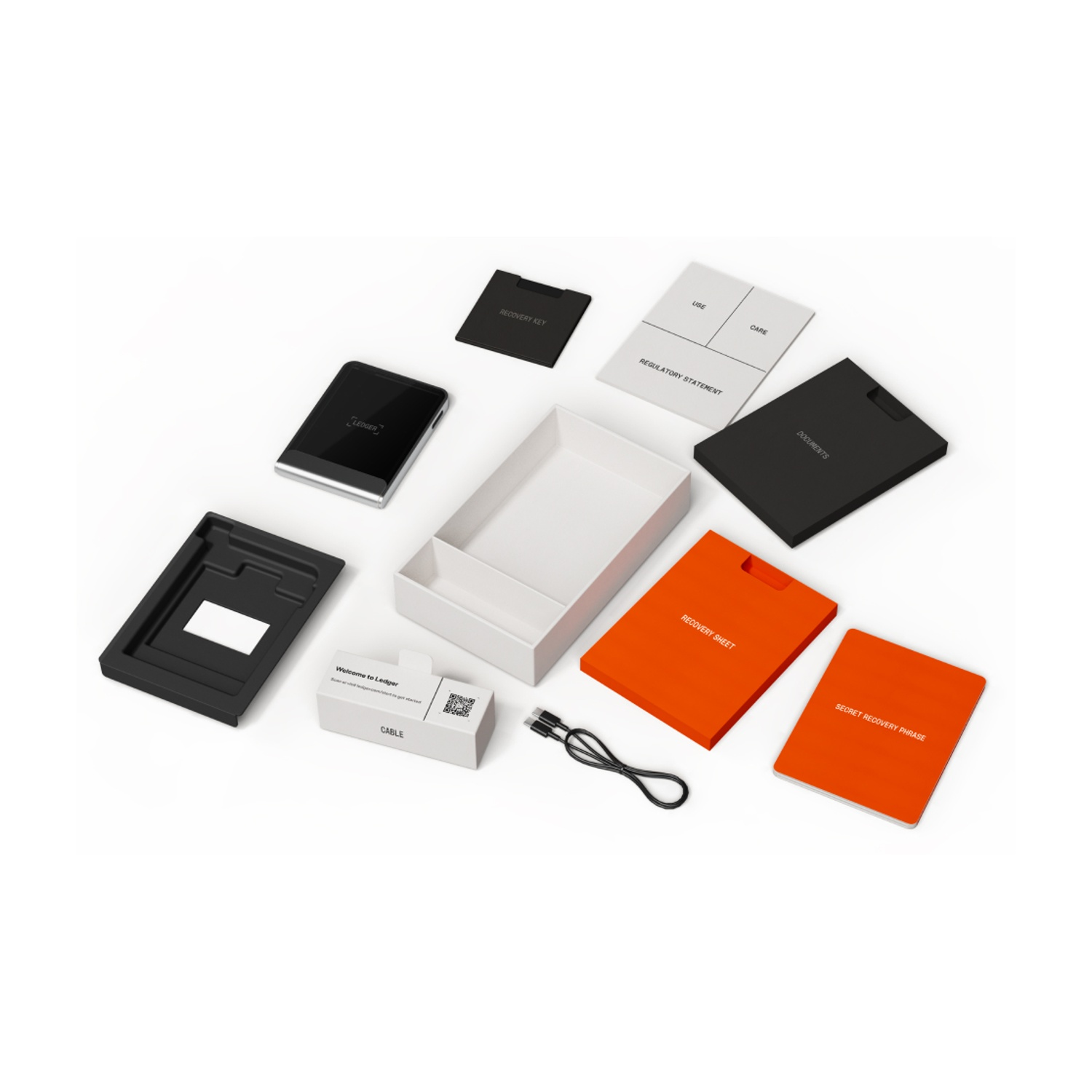 Un kit portafoglio hardware Ledger. Include un dispositivo, documenti, cavo e fogli di ripristino. Gli elementi sono su una superficie bianca.
