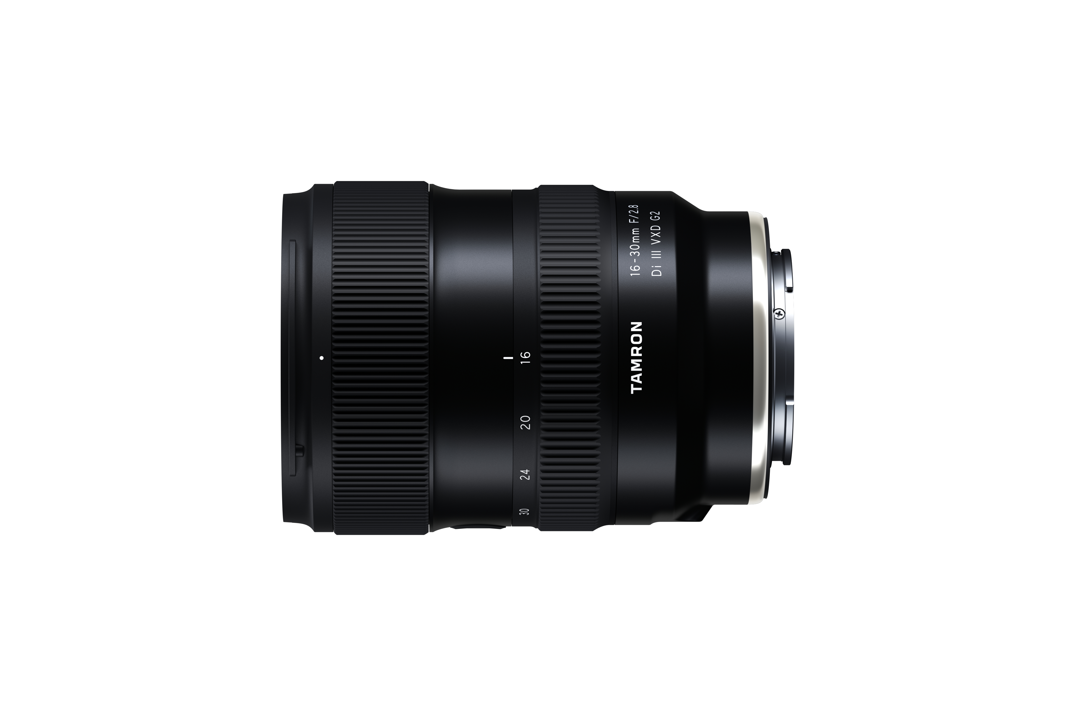Ein schwarzes Tamron 16-30mm f/2.8 Objektiv, Di III VXD G2, vor weißem Hintergrund. Das Objektiv ist vertikal.