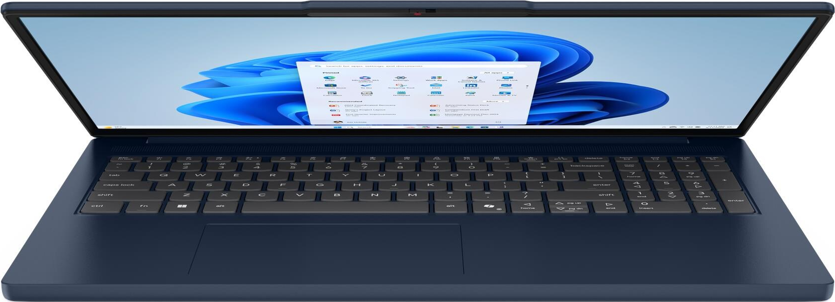 Un ordinateur portable bleu est ouvert, affichant une interface Windows. Le clavier est visible. L'écran montre des applications et documents.
